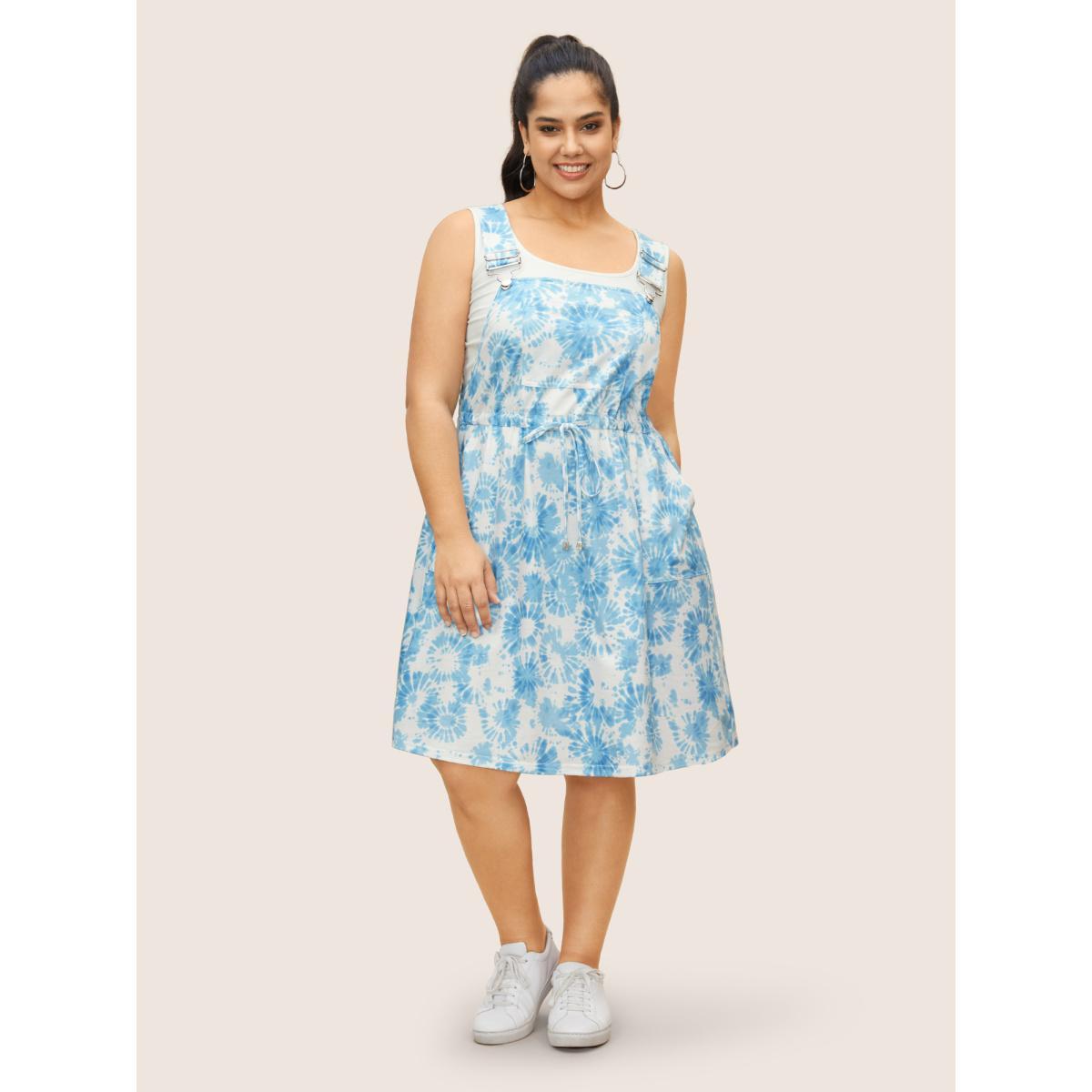 Plus Size Tie Dye Floral Drawstring Pocket Dress Stone Women Casual Drawstring Non Sleeveless Curvy BloomChic 22-24/3X Product Image
