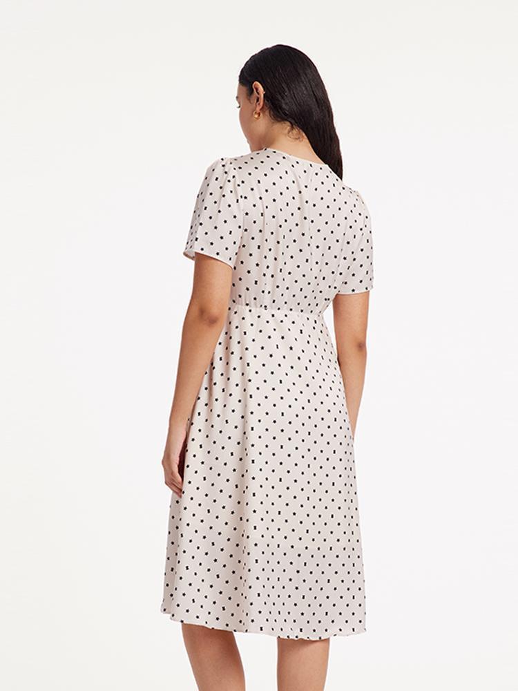 Beige Combo Print V-Neck Twisted Polka Dot Midi Dress Product Image