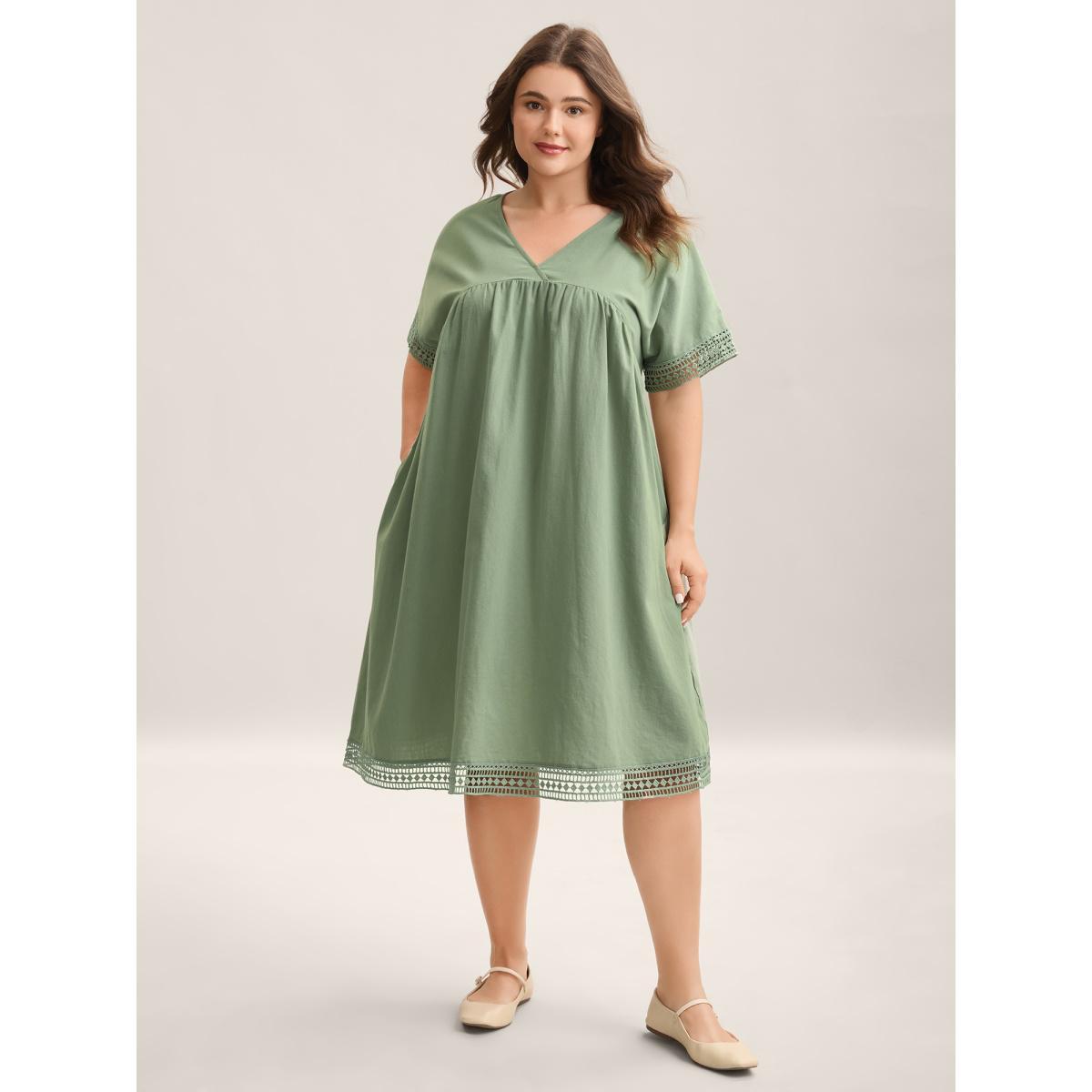 Plus Size Pure Cotton Lace Trim Sleeve Midi Dress Sage Women V-neck Short sleeve Curvy BloomChic 18-20/2X Product Image