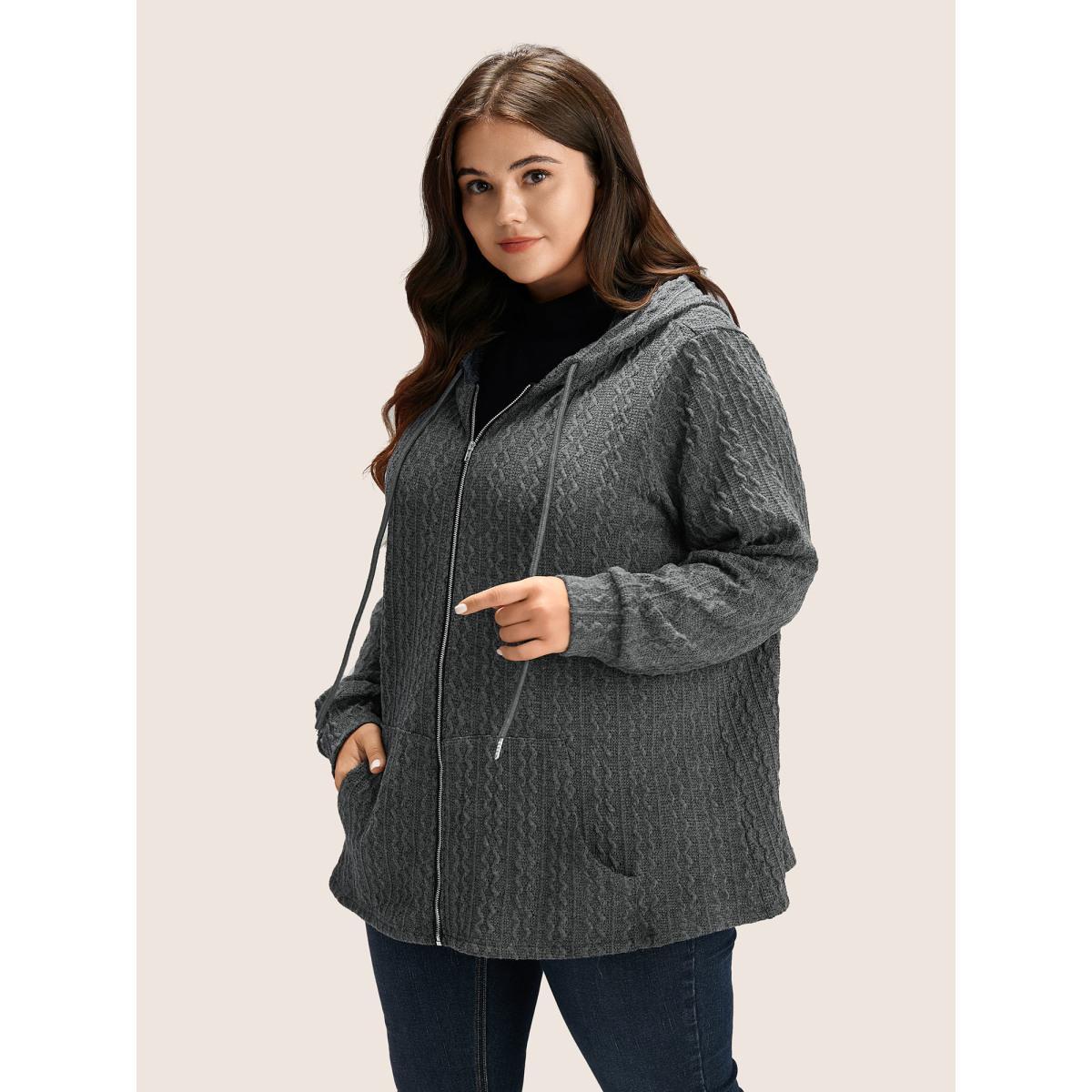 Plus Size Plain Textured Zipper Hooded Sweatshirt Women DimGray Casual Non Hooded Everyday Sweatshirts BloomChic 14-16/1X Product Image