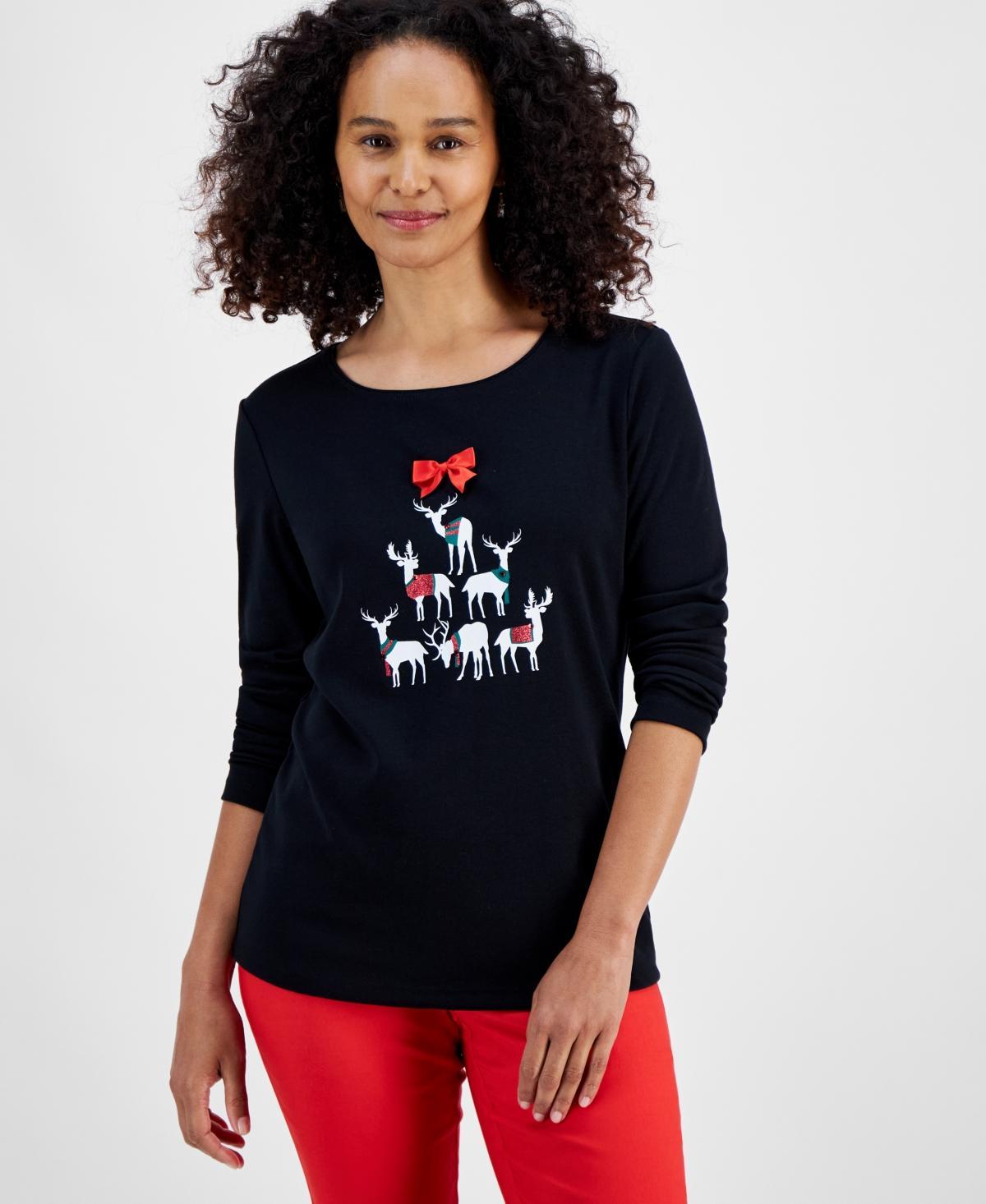 Holiday Lane Womens Deer Celebration Long-Sleeve Top, Created for Macys Product Image