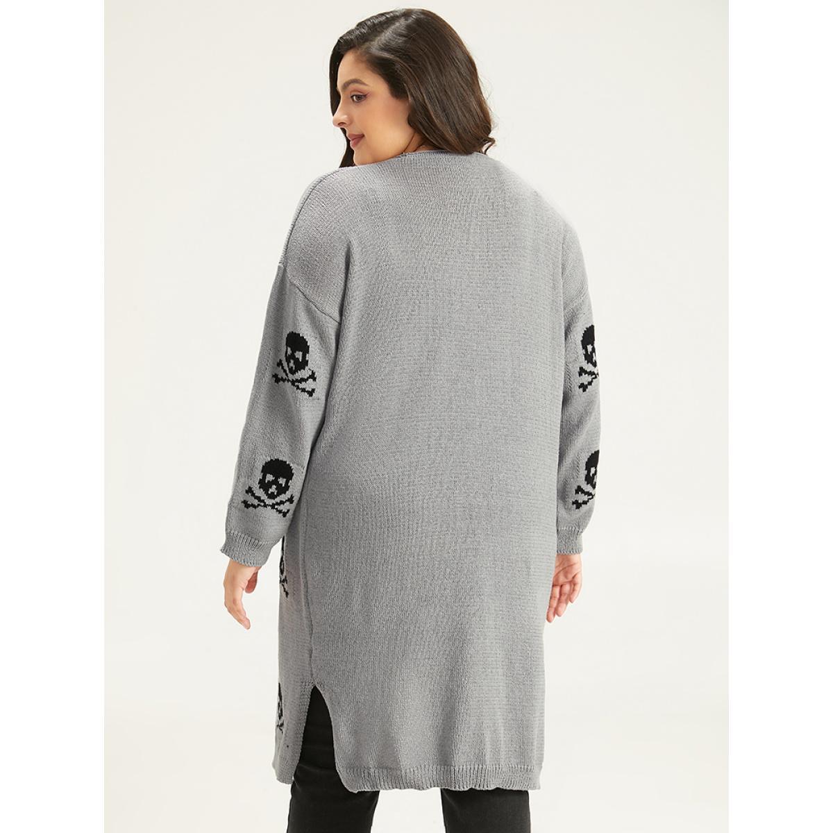 Plus Size Halloween Skull Print Split Side Drop Shoulder Maxi Cardigan Gray Women Casual Loose Long Sleeve Festival-Halloween Cardigans BloomChic 18-20/2X Product Image