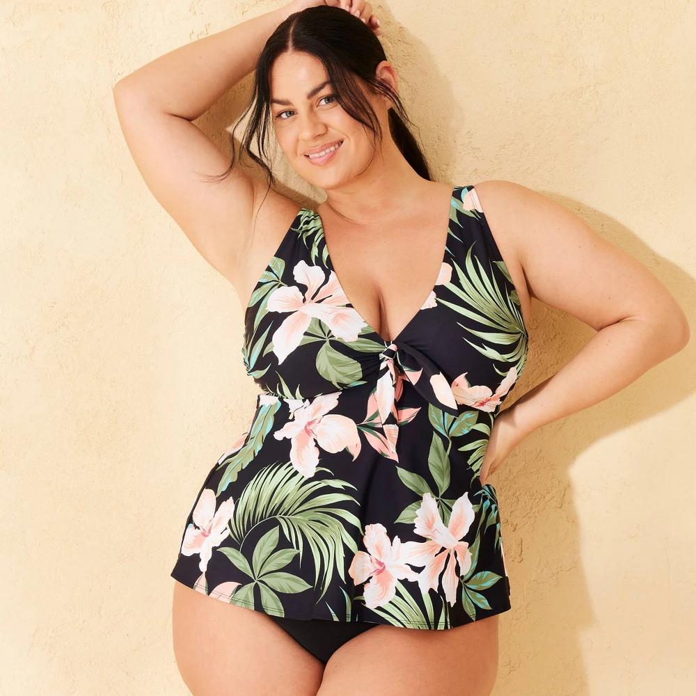 Womens Tie-Front Tankini Top - Shade & Shore Multi Tropical Print M: Nylon Spandex Blend, Adjustable Straps, Removable Cups Product Image