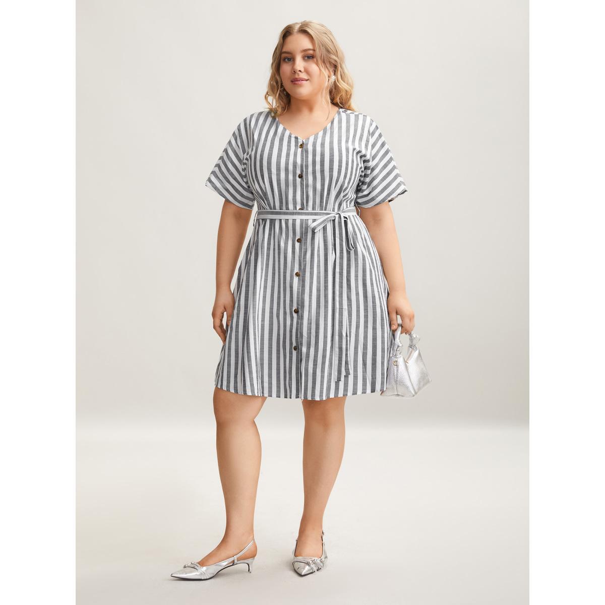 Plus Size Striped V Neck Button Belted Knee Dress Black Women Office Gathered V-neck Short sleeve Curvy BloomChic 26/4X Product Image