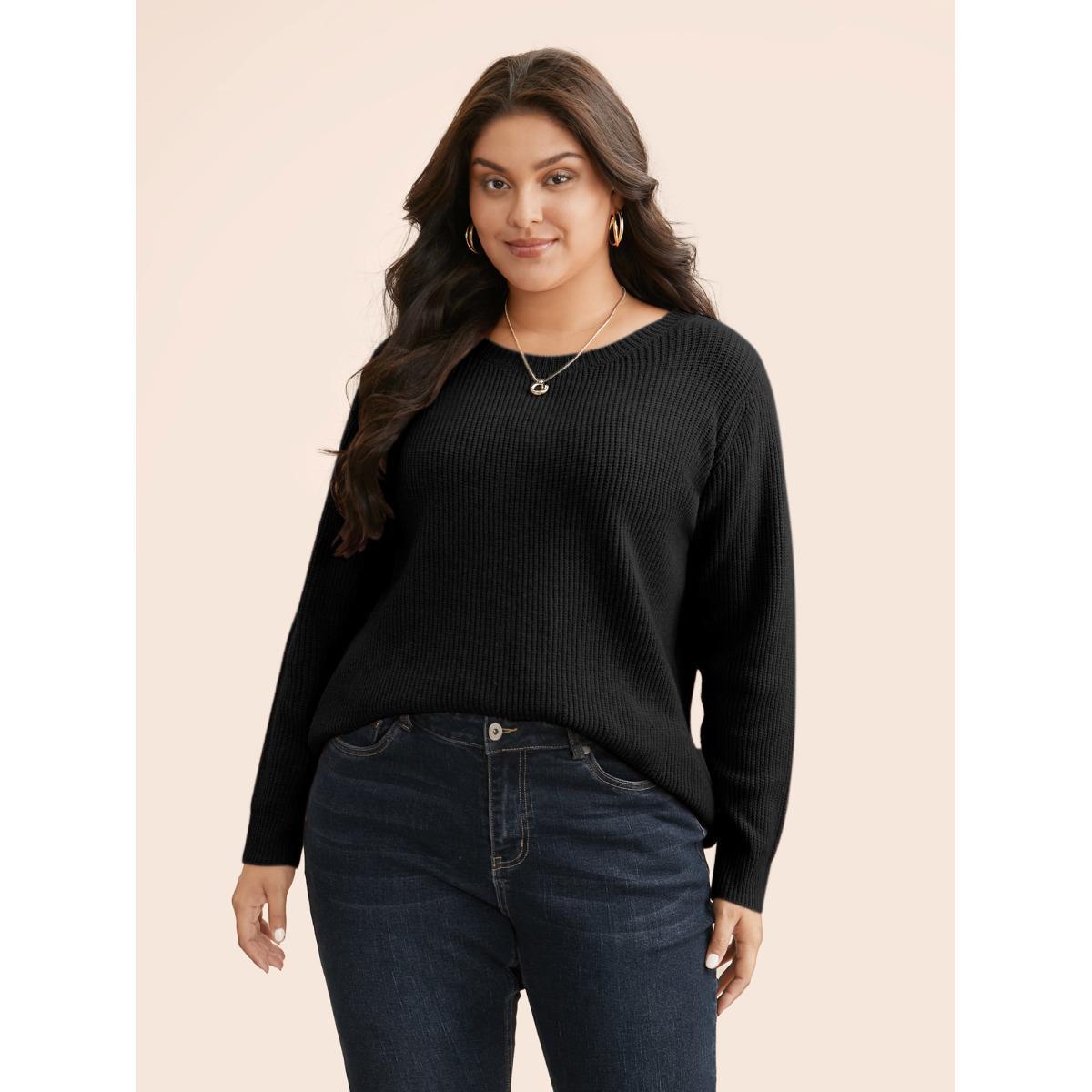Plus Size Round Neck Texture Back Bowknot Pullover Black Women Casual Loose Long Sleeve Round Neck Everyday Pullovers BloomChic 12/L Product Image