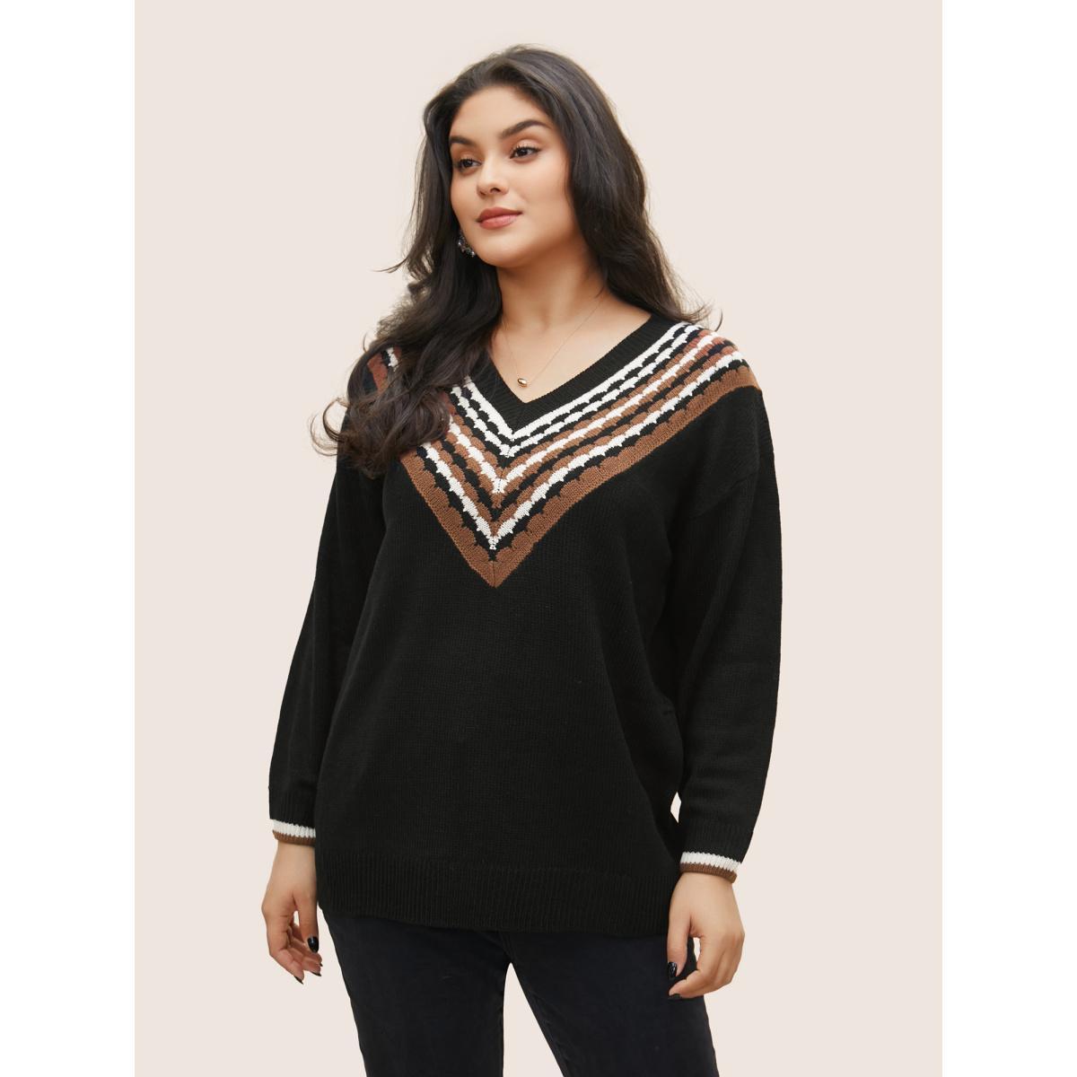 Plus Size V Contrast Striped Patchwork Knit Pullover Black Women Casual Loose Long Sleeve V-neck Dailywear Pullovers BloomChic 12/L Product Image
