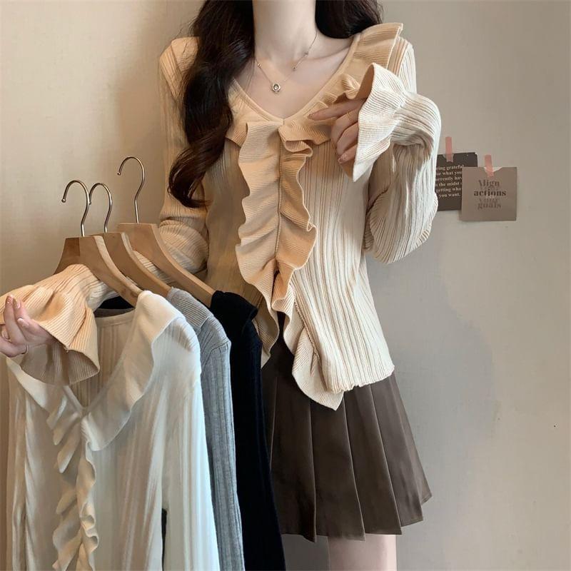Long-Sleeve V-Neck Frill Trim Plain Knit Top Product Image