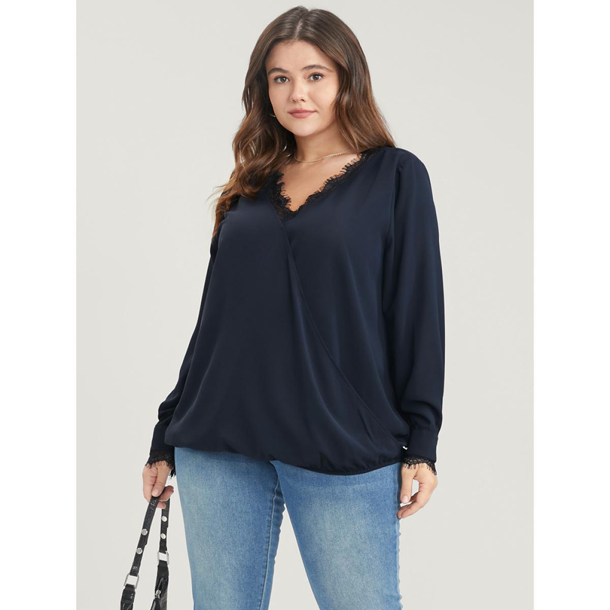 Plus Size DarkBlue Solid Lace Trim Wrap Blouse Women Elegant Long Sleeve V-neck Dailywear Blouses BloomChic 28/5X Product Image