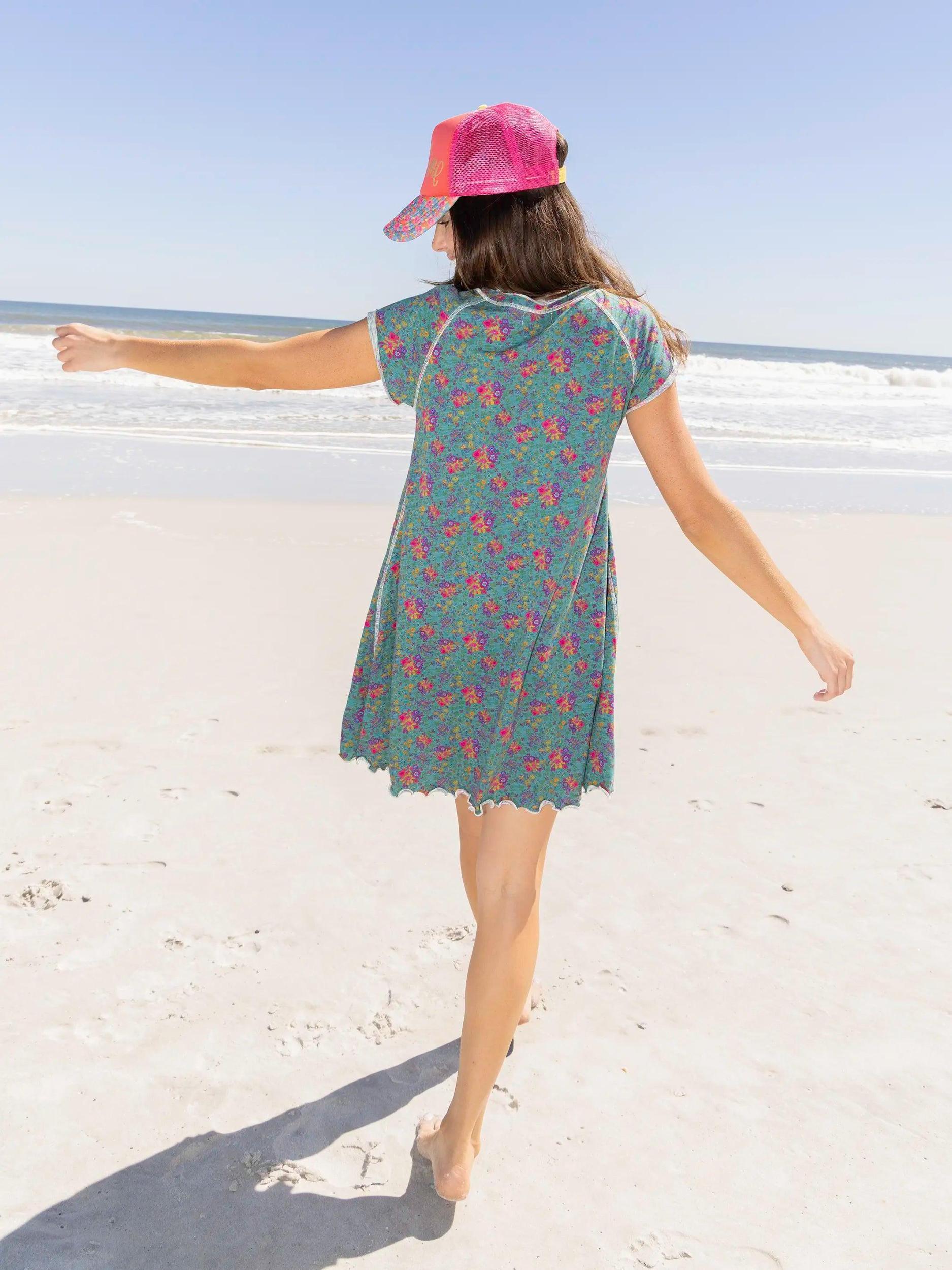 Lily Knit Cotton Tee Dress - Turquoise Floral Medallions Product Image