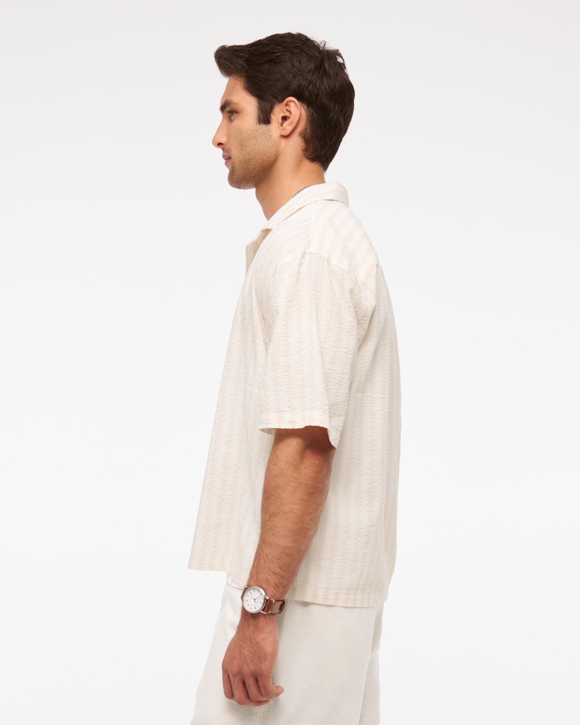 Camp Collar Cropped Seersucker Shirt Product Image