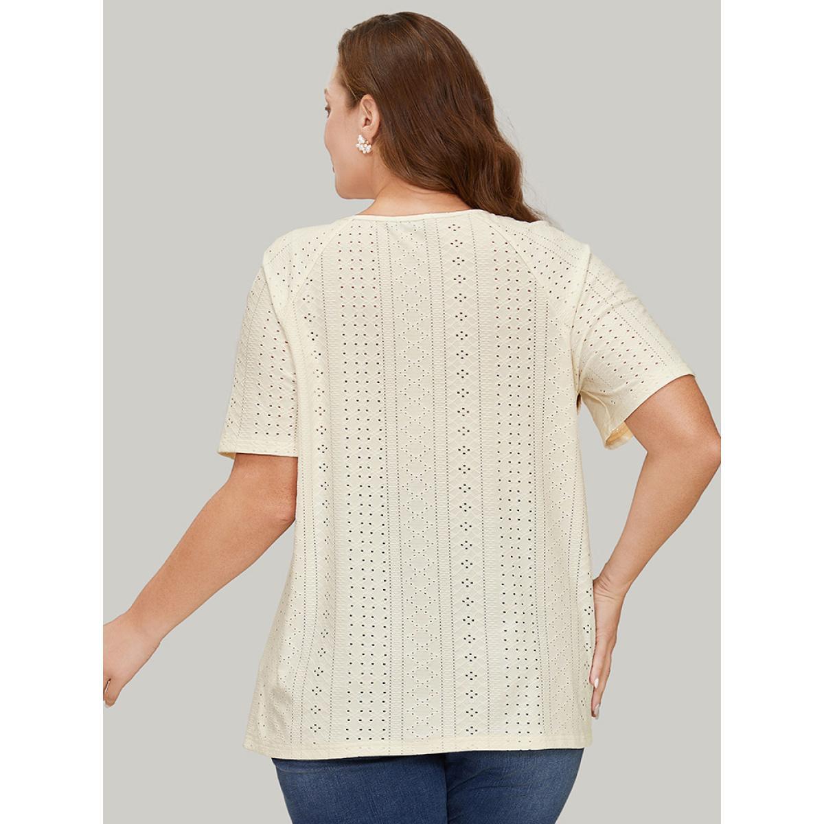 Plus Size Solid Half Zipper Broderie Anglaise T-shirt Ivory Women Elegant Zipper Plain V-neck Dailywear T-shirts BloomChic 10/M Product Image