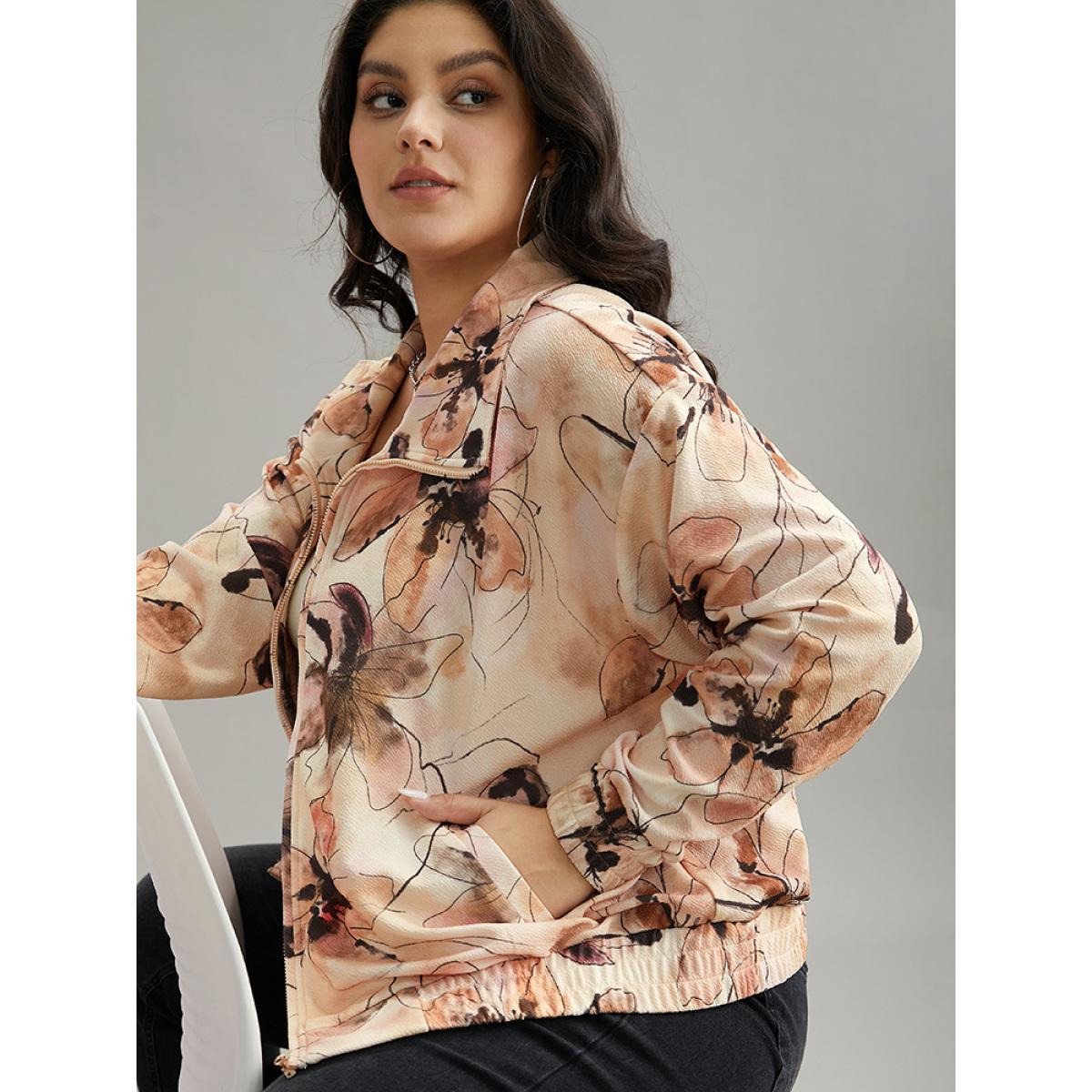 Plus Size Floral Zipper Gathered Elastic Cuffs Jacket Women Multicolor Elastic cuffs Pocket Dailywear Jackets BloomChic 18-20/2X Product Image