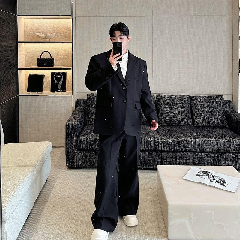 Set: Lapel Collar Single Breasted Blazer + Mid Rise Plain Wide Leg Dress Pants Product Image