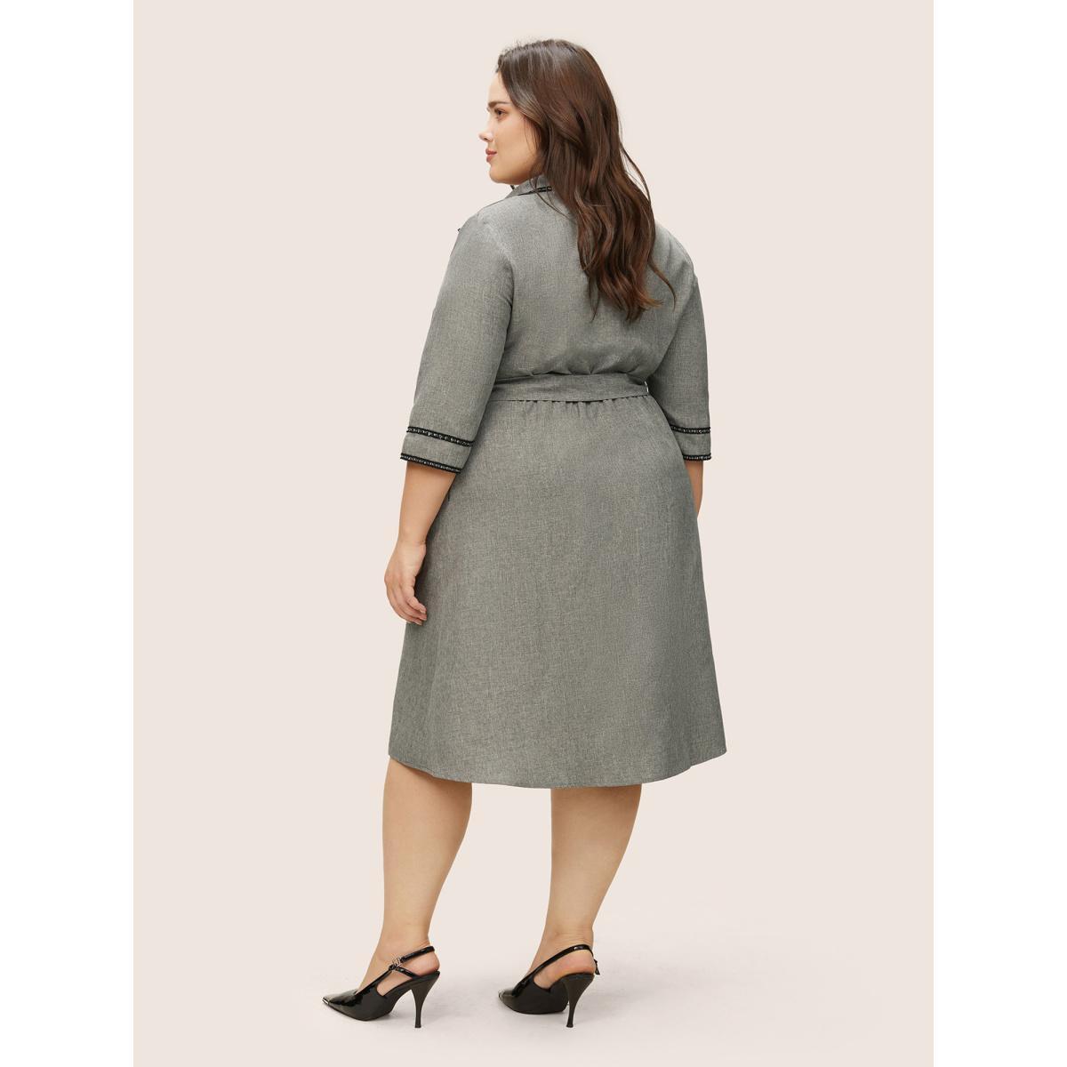 Plus Size Shirt Collar Patchwork Contrast Belted Dress Gray Women At the Office Non Shirt collar Elbow-length sleeve Curvy Midi Dress BloomChic 26/4X Product Image