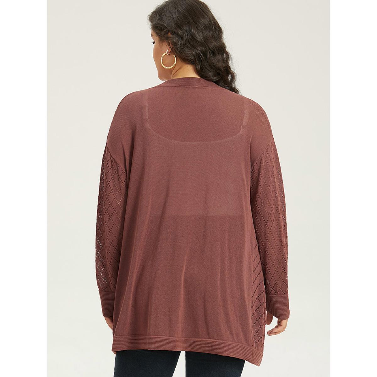 Plus Size Plain Geometric Hollow Out Pocket Cardigan Rust Women Casual Loose Long Sleeve Everyday Cardigans BloomChic 30/6X Product Image