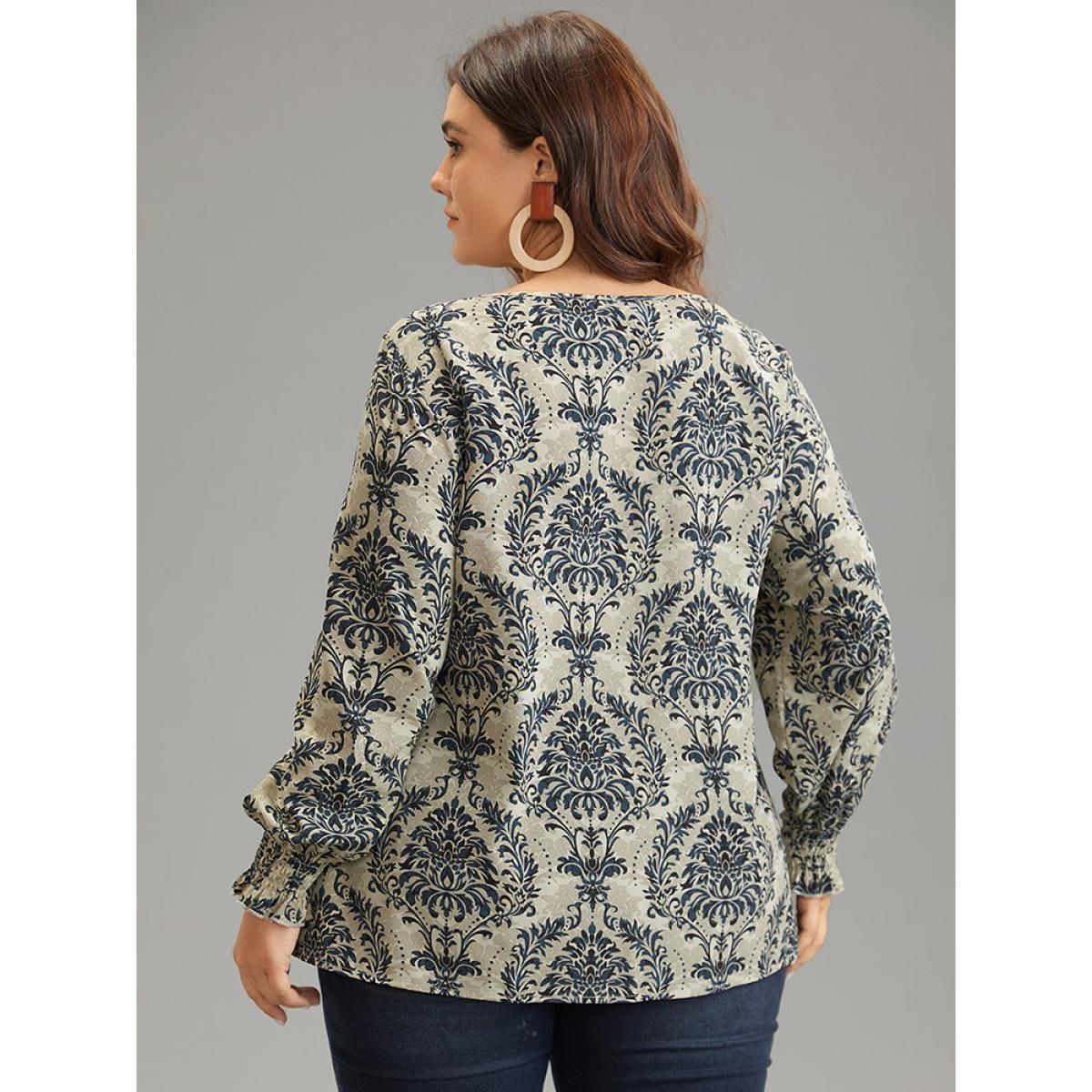 Plus Size Multicolor Bandana Print Keyhole Shirred Lantern Sleeve Blouse Women Vacation Long Sleeve Keyhole Cut-Out Vacation Blouses BloomChic 26/4X Product Image