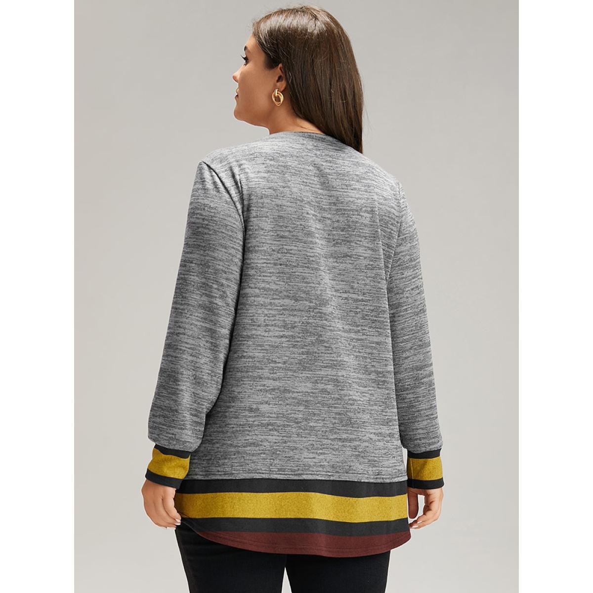 Plus Size Striped Heather Patchwork Curved Hem Sweatshirt Women Gray Casual Contrast Round Neck Dailywear Sweatshirts BloomChic 22-24/3X Product Image