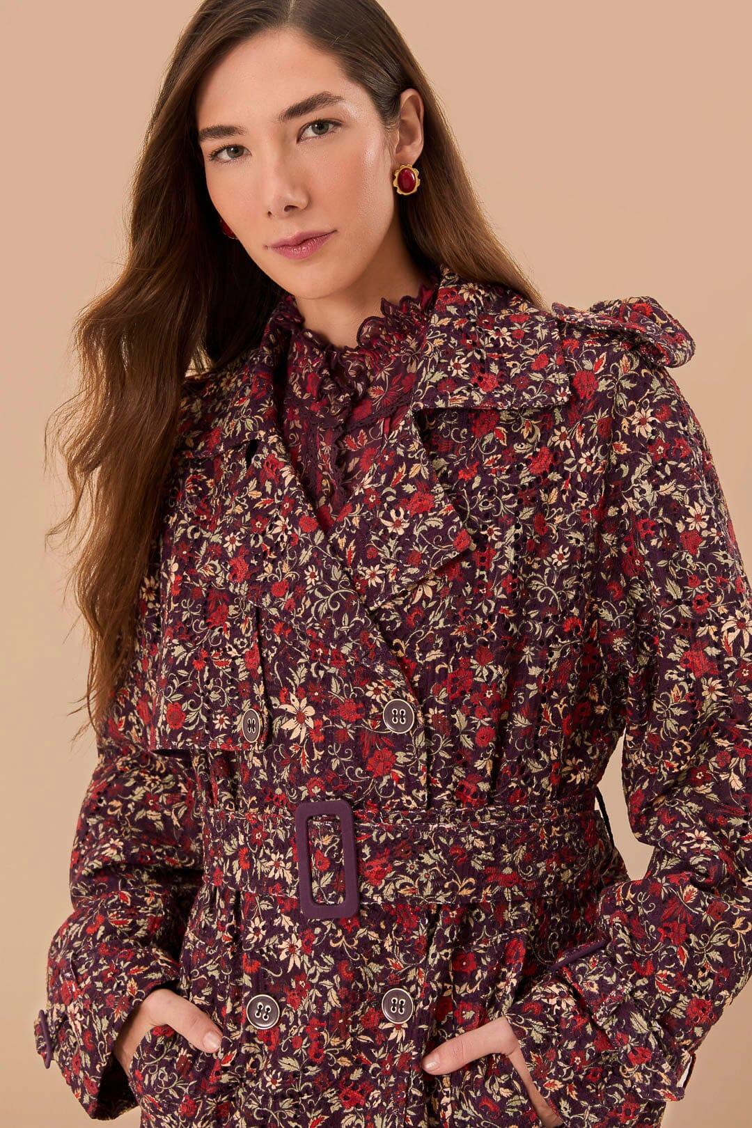 Purple Chelsea Garden Cotton Eyelet Trench Coat, CHELSEA GARDEN PURPLE / XXS Product Image