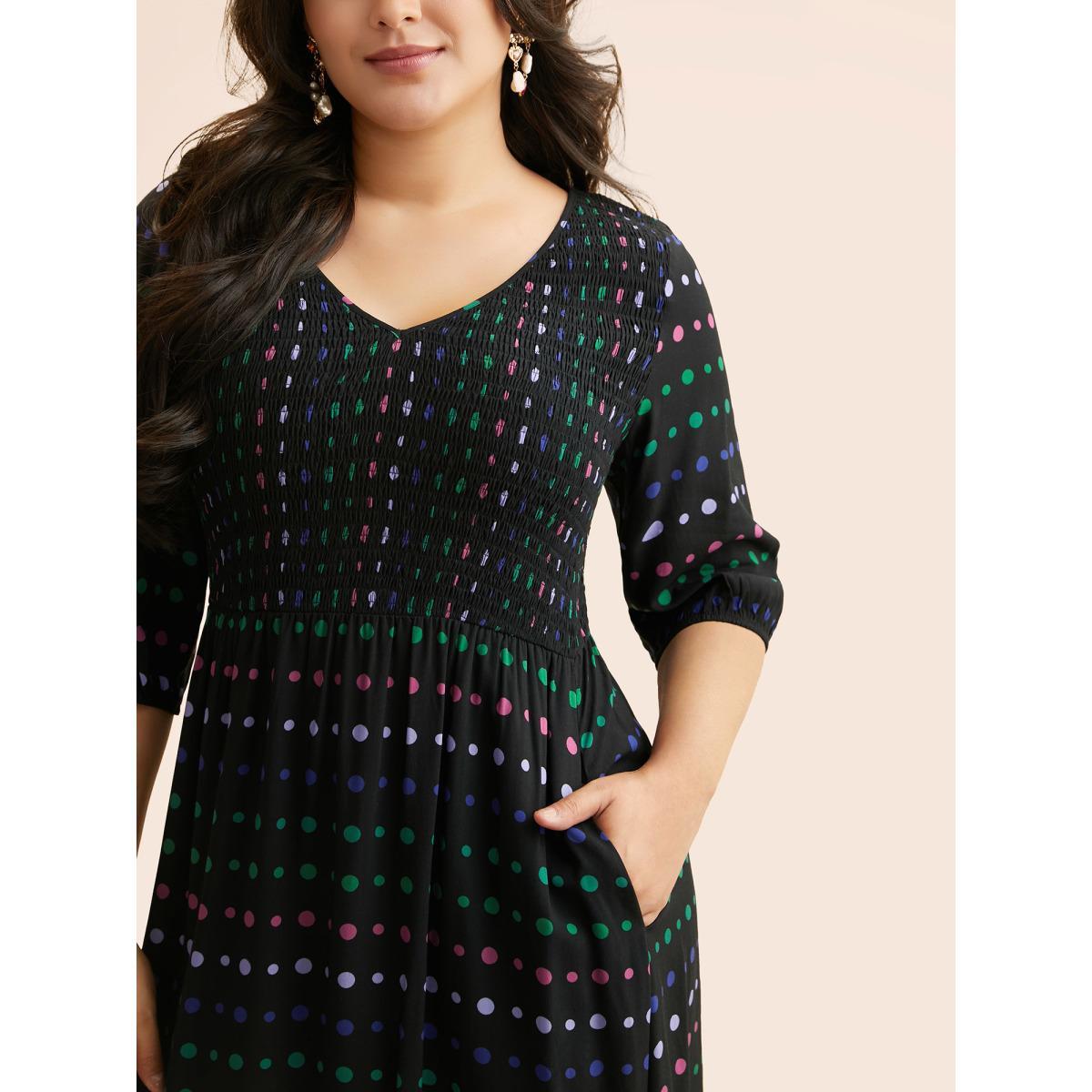 Plus Size Polka Dot Shirred Lantern Sleeve Dress Midnight Women Elegant Shirred V-neck Elbow-length sleeve Curvy BloomChic 30/6X Product Image