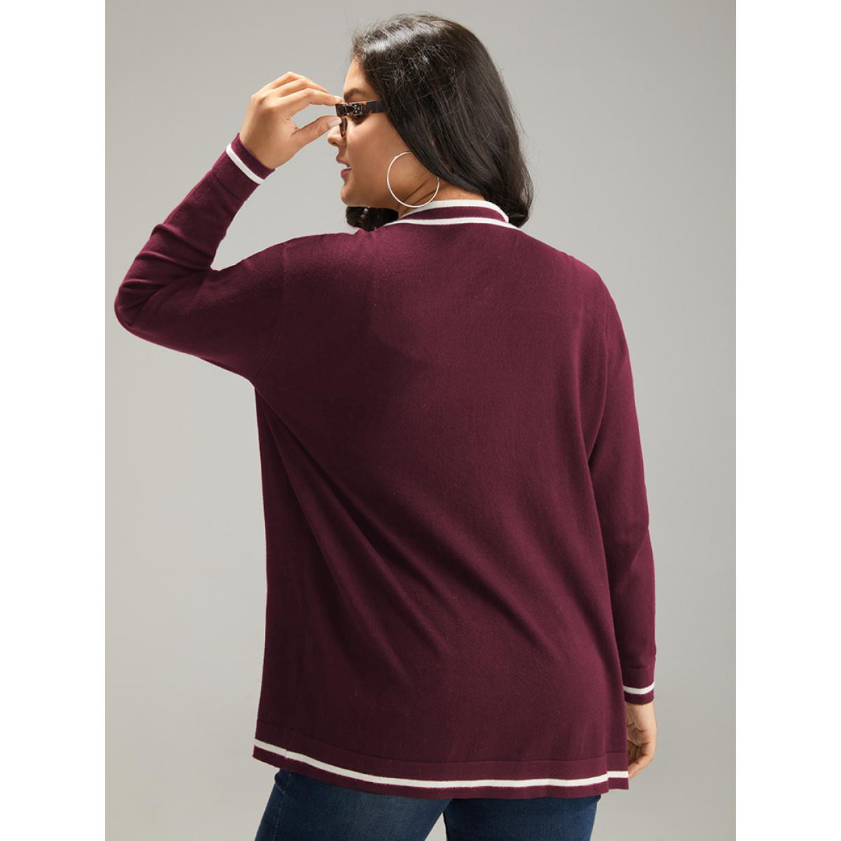 Plus Size Supersoft Essentials Striped Patchwork Pocket Open Front Cardigan Burgundy Women Casual Loose Long Sleeve Everyday Cardigans BloomChic 22-24/3X Product Image