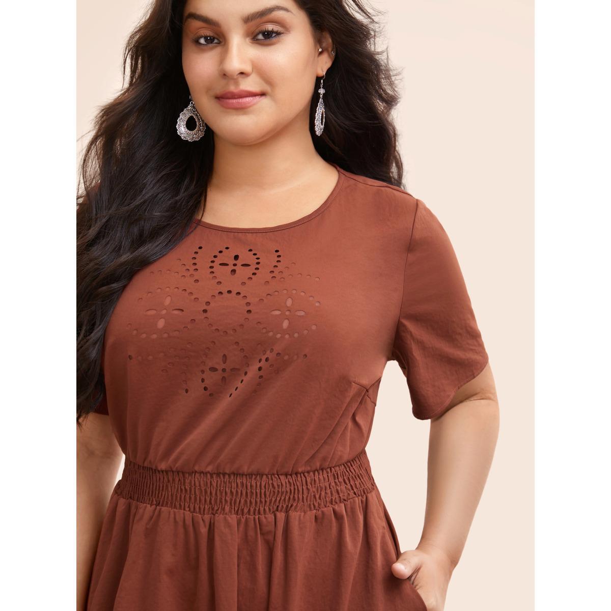 Plus Size Floral Burnout Stretchy Waist Midi Dress Rust Women Resort Cut-Out Round Neck Short sleeve Curvy BloomChic 18-20/2X Product Image