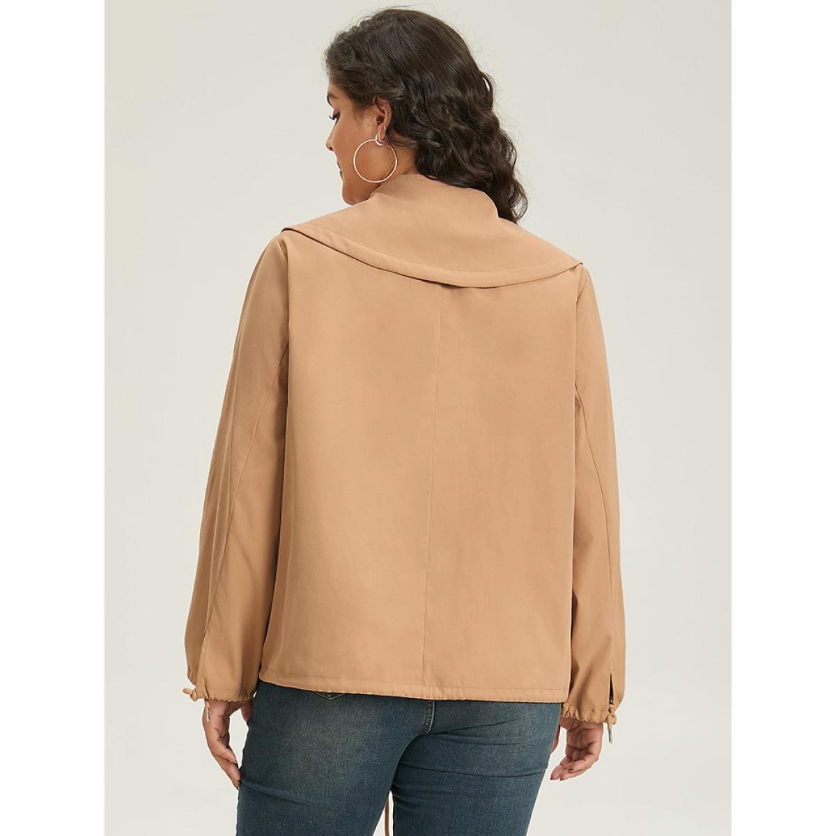Plus Size Lapel Collar Drawstring Pocket Button Detail Coat Women LightBrown Elastic cuffs Pocket Dailywear Jackets BloomChic 12/L Product Image