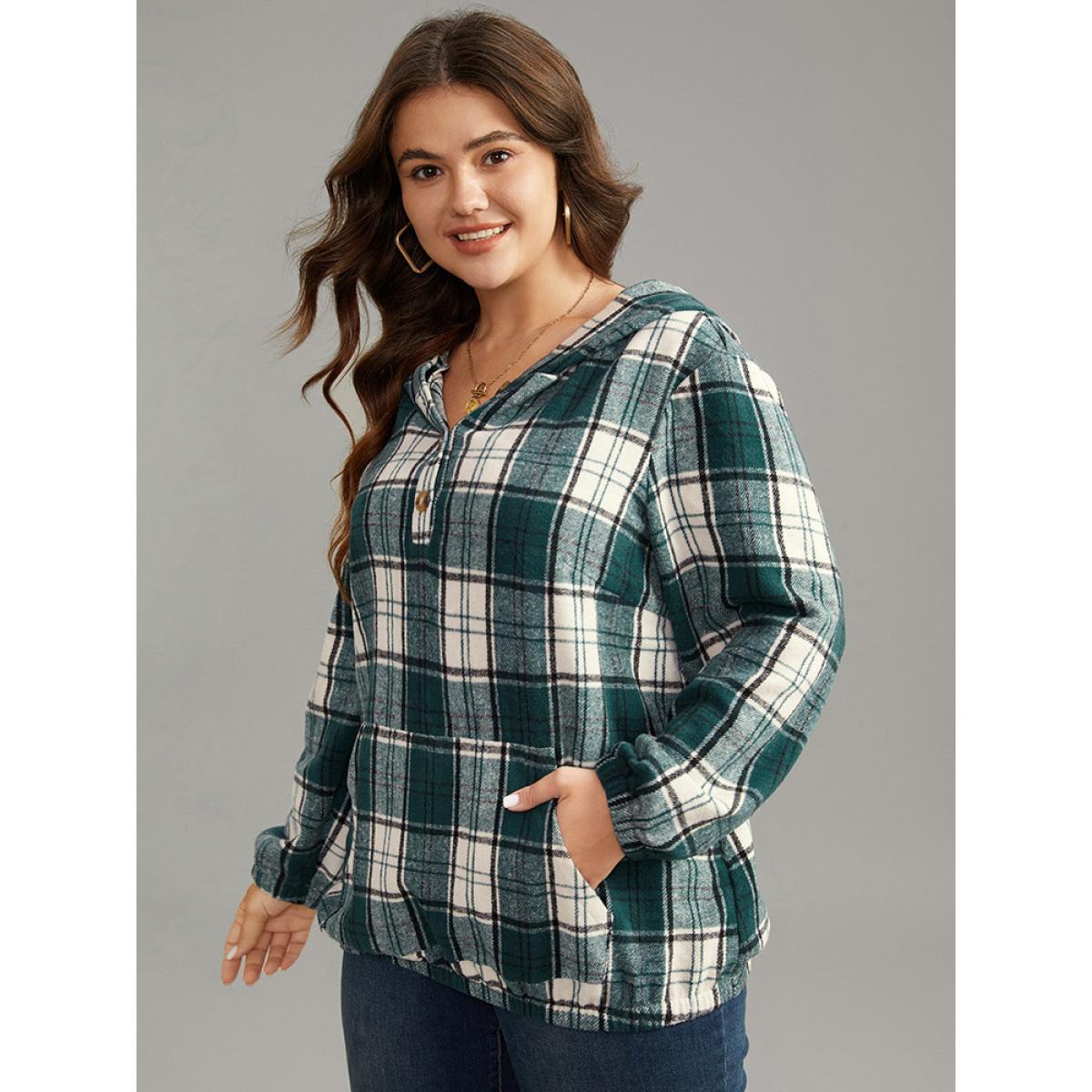 Plus Size Plaid Button Up Hooded Pocket Sweatshirt Women Green Casual Elastic cuffs Hooded Dailywear Sweatshirts BloomChic 10/M Product Image