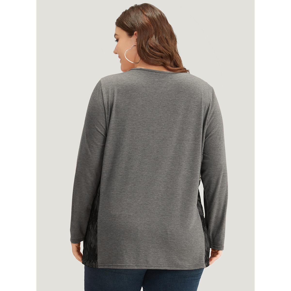 Plus Size Crochet Lace Crew Neck Patchwork T-shirt Gray Women Elegant Contrast Plain Round Neck Everyday T-shirts BloomChic 12/L Product Image