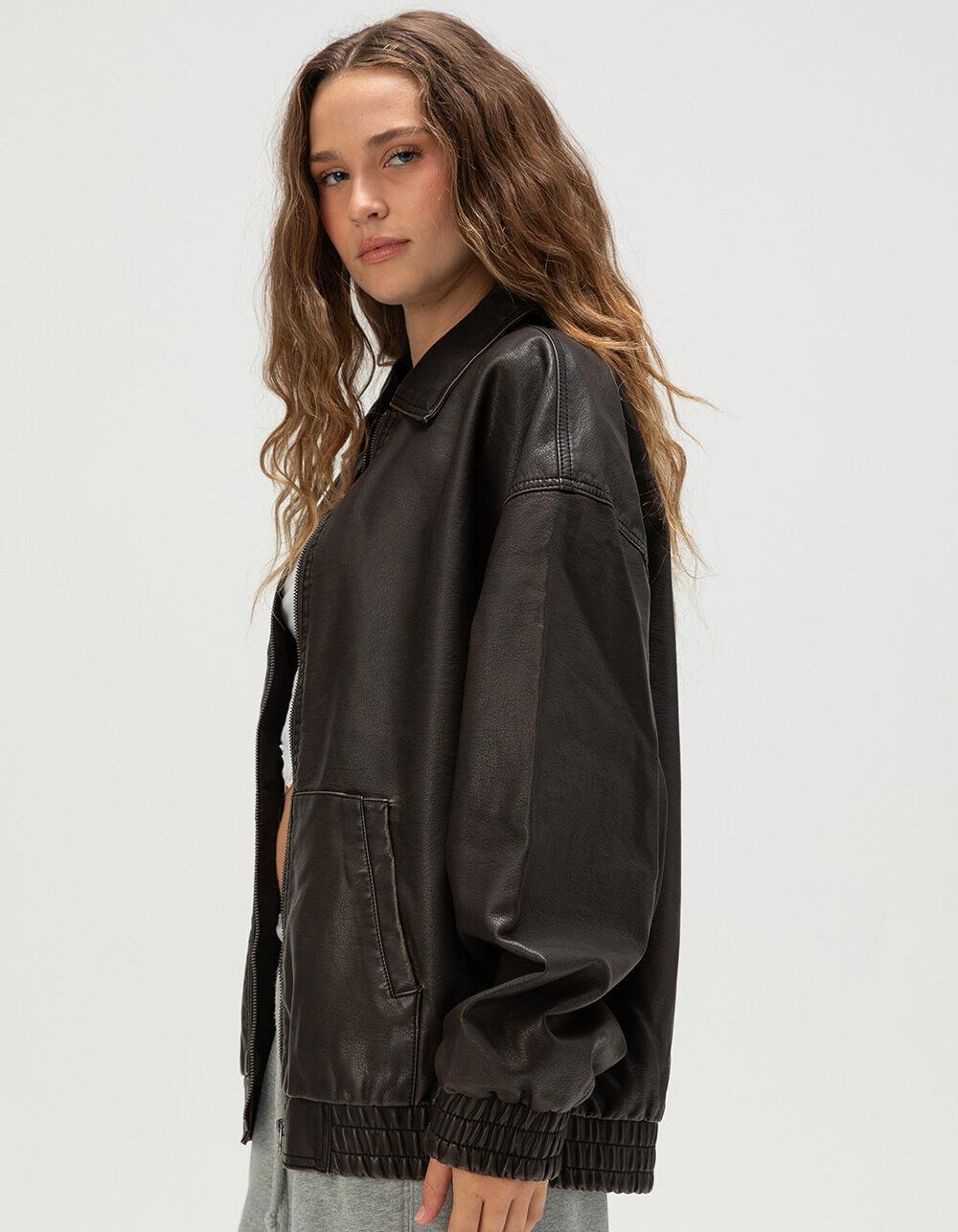 RSQ Womens Oversized Faux Leather Bomber Jacket - BROWN Product Image