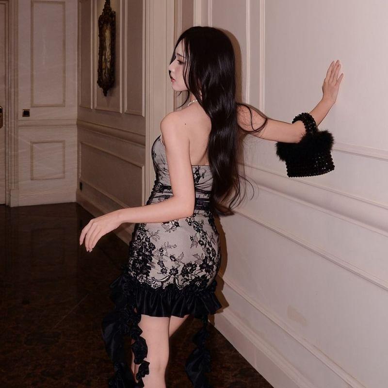 Sleeveless Lace Ruffled-Hem Slim-Fit Mini Bodycon Dress Product Image