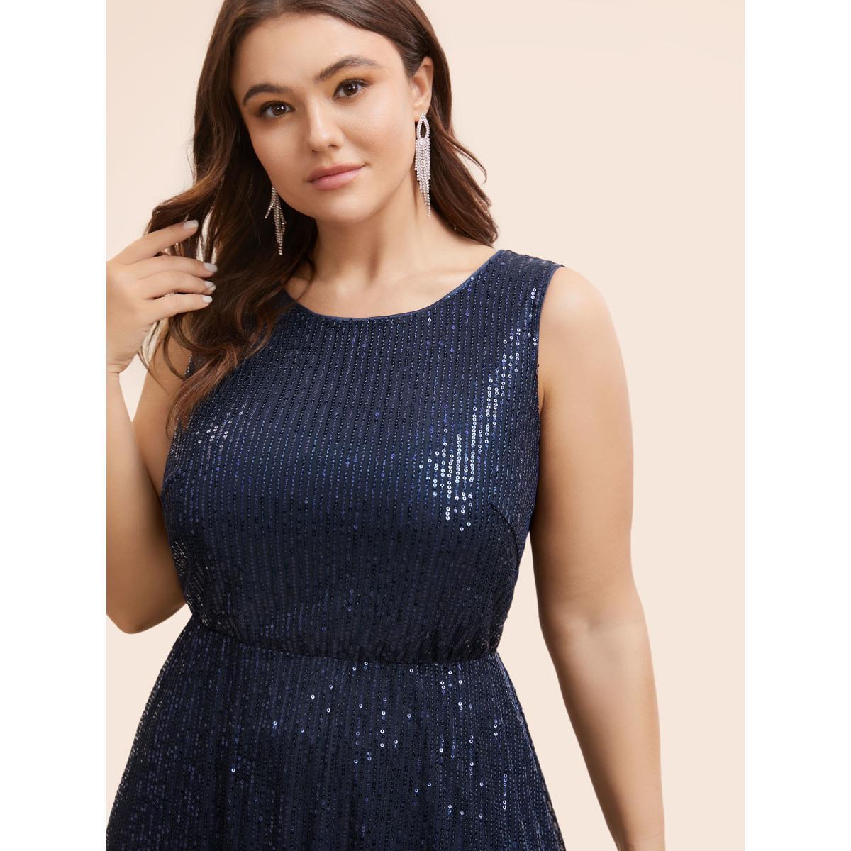 Plus Size Round Neck Sequin Mesh Tank Dress Midnight Women Cocktail Texture Round Neck Sleeveless Curvy BloomChic 26/4X Product Image