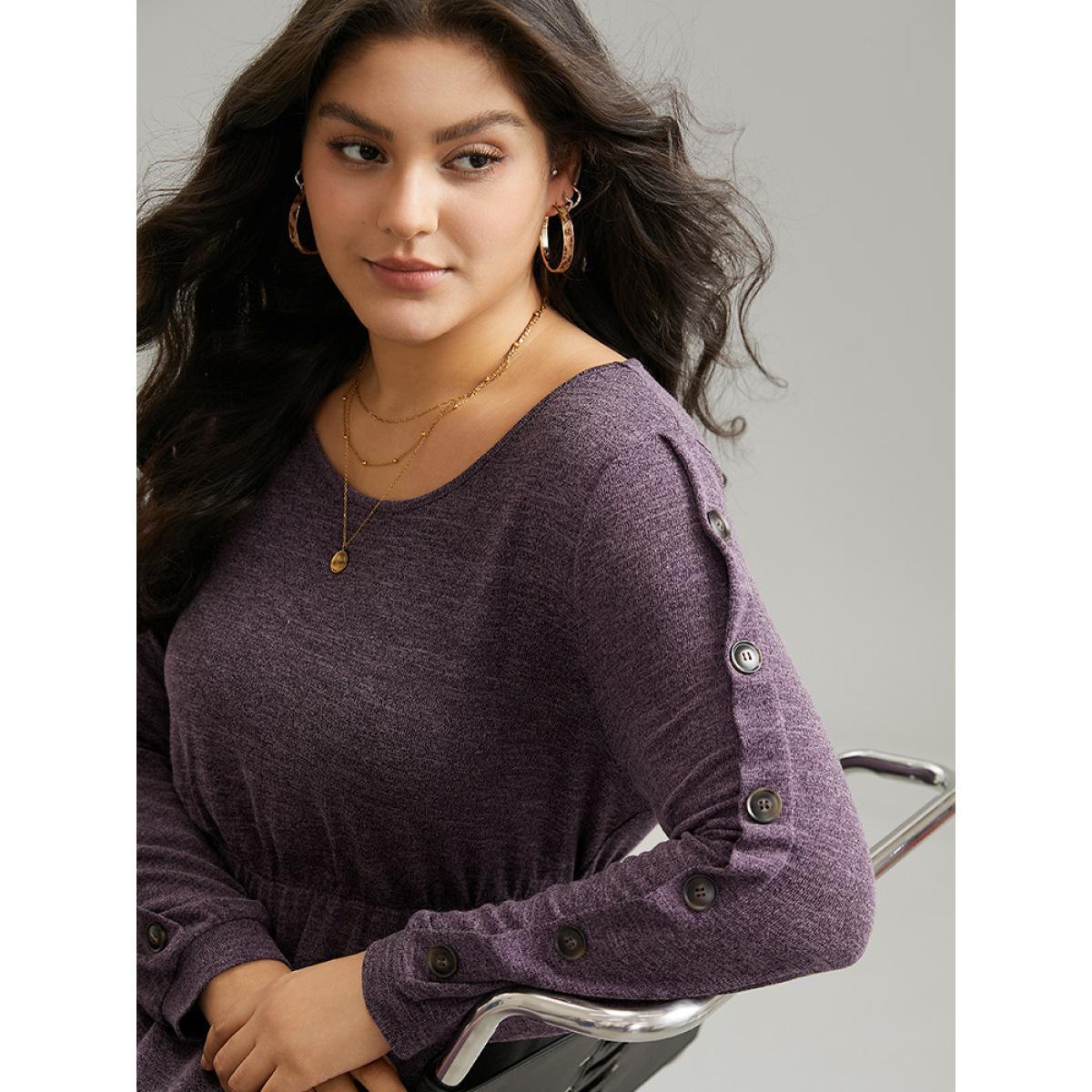 Plus Size Plisse Solid Side Button Detail Dress Purple Women Casual Plain Round Neck Long Sleeve Curvy Midi Dress BloomChic 18-20/2X Product Image