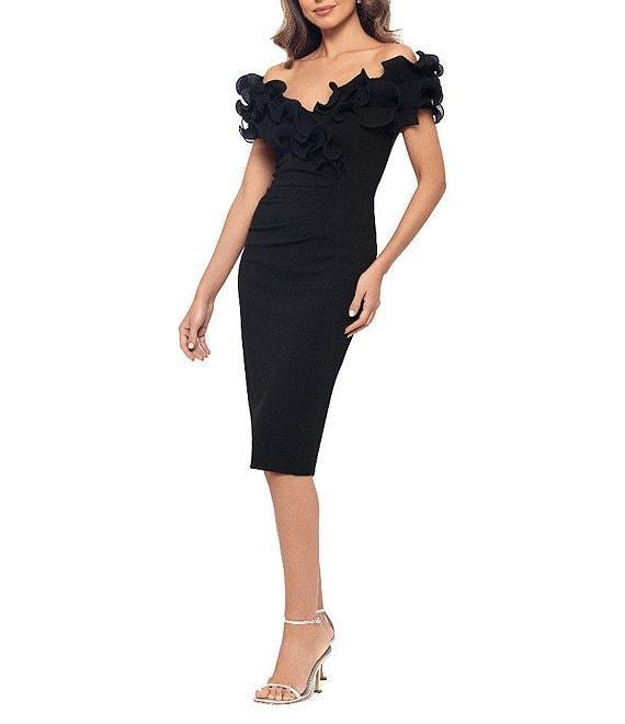 Xscape Petite Size Scuba Crepe V-Neck Sleeveless Wire Ruffle Trim Ruched Back Dress Product Image