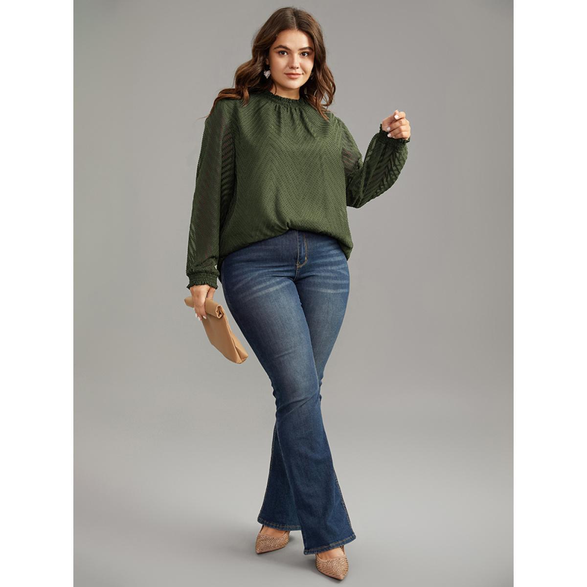 Plus Size ArmyGreen Plain Patchwork Mesh Shirred Frill Trim Blouse Women Office Long Sleeve Round Neck Work Blouses BloomChic 28/5X Product Image