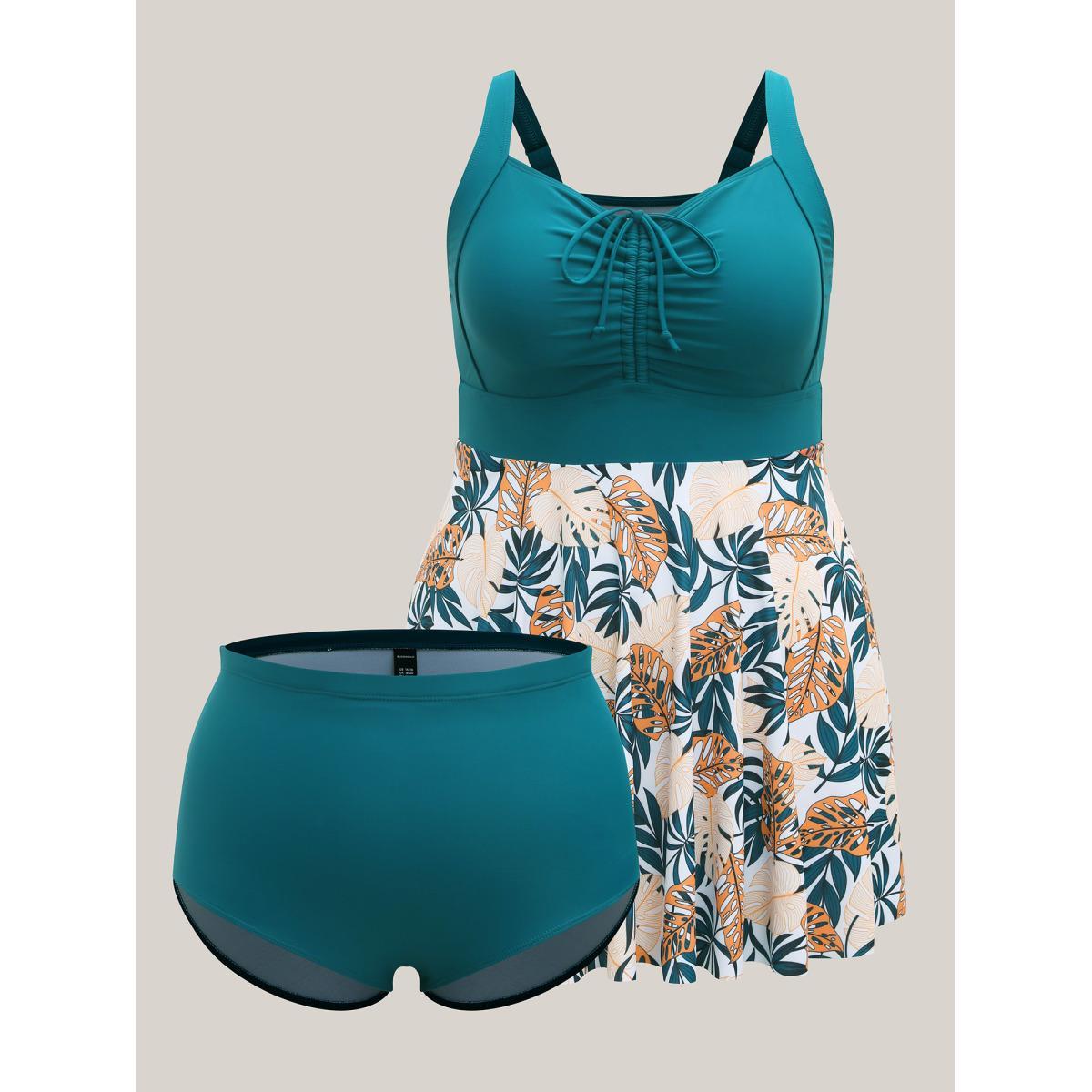 Plus Size Tropical Print Adjustable Drawstring Swim Dress Women's Swimwear Cyan Beach Bodycon Heart neckline High stretch Curve Swim Dresses BloomChic 30/6X Product Image