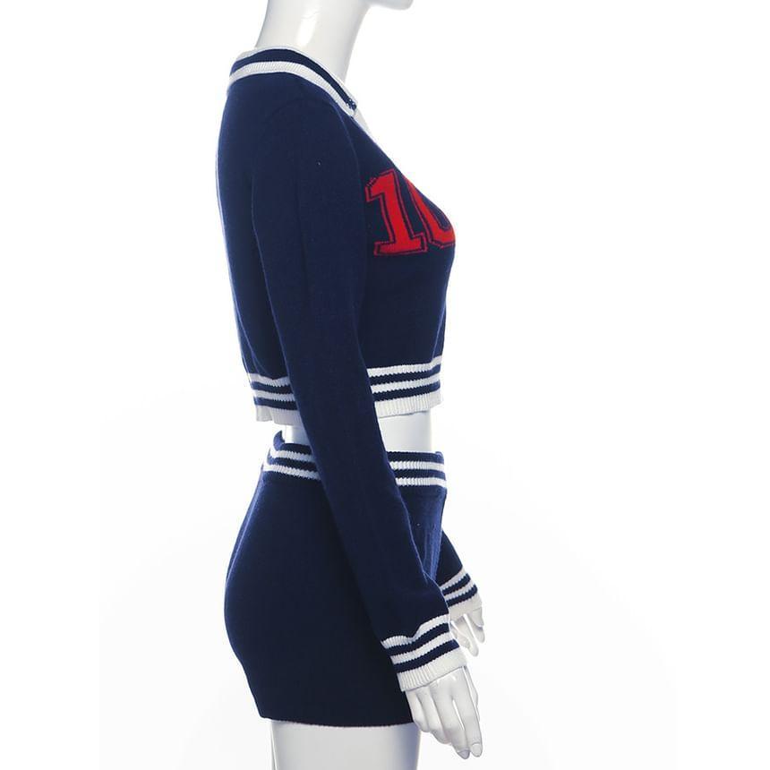 Set: Long-Sleeve V-Neck Crop Knit Top + Hot Pants Product Image