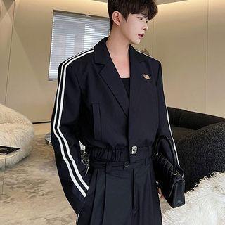 Set: Striped Cropped Blazer + High Waist Wide Leg Pants Product Image