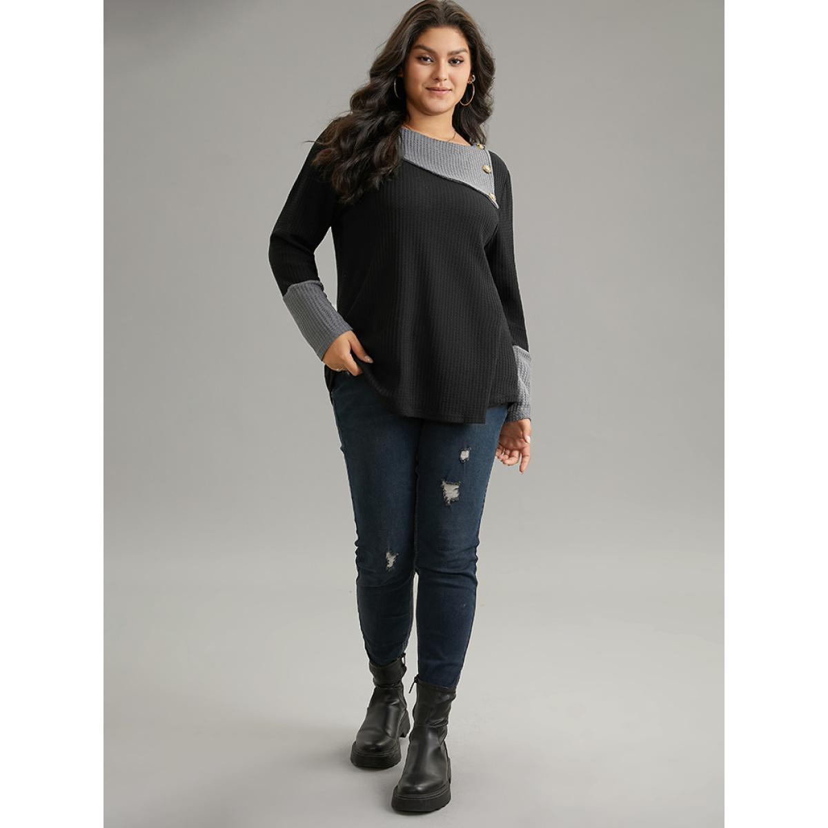 Plus Size Waffle Knit Lapel Collar Patchwork T-shirt Black Women Casual Waffle Knit Plain Round Neck Dailywear T-shirts BloomChic 18-20/2X Product Image