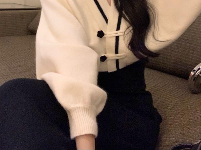 V-Neck Two Tone Crop Frog Button Cardigan / Sleeveless Square Neck Plain Midi A-Line Dress Product Image