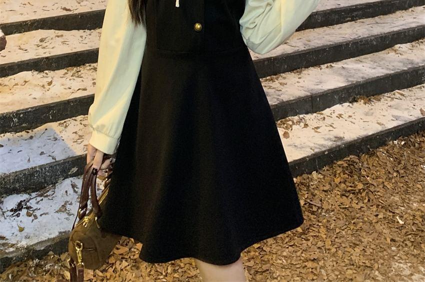 Mock Two-Piece Long-Sleeve Two Tone Mini A-Line Dress Product Image