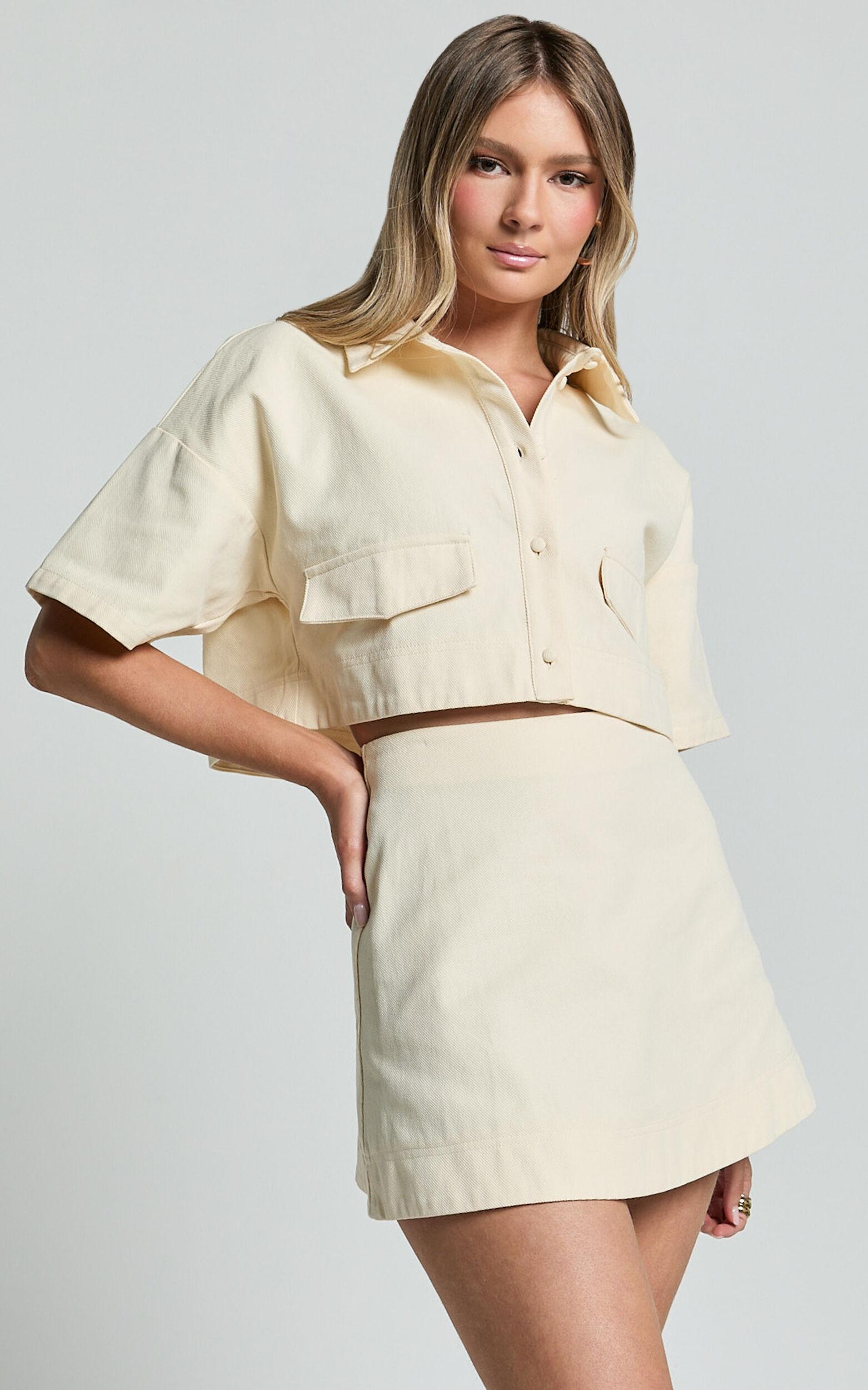 Edina Two Piece Set - Button Front Crop Top and A Line Mini Skirt in Off White Product Image