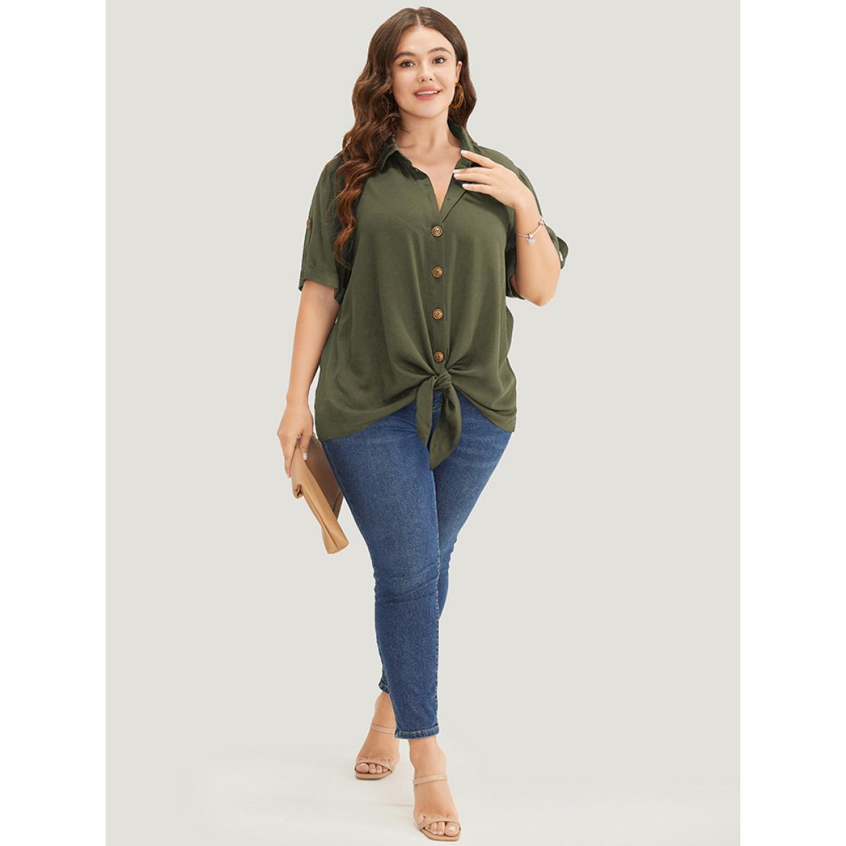 Plus Size ArmyGreen Solid Button Up Roll Sleeve Knotted Hem Blouse Women Office Short sleeve Shirt collar Dailywear Blouses BloomChic 14-16/1X Product Image