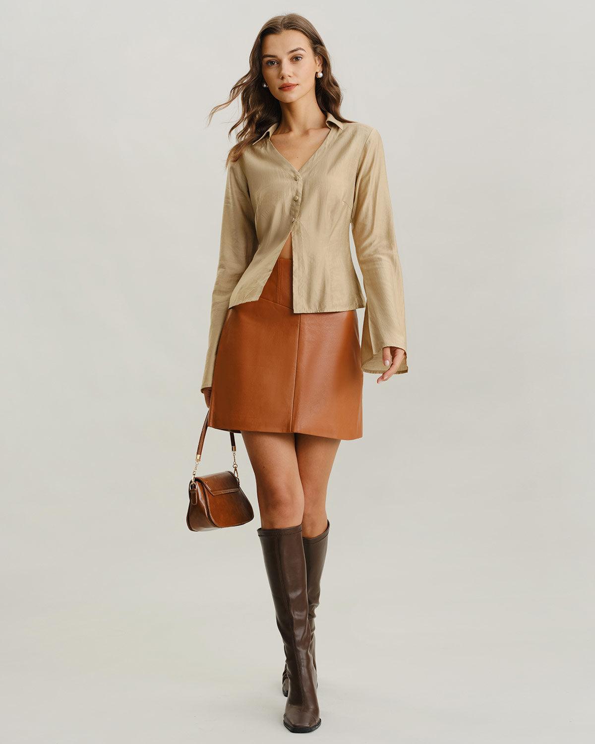 Khaki V Neck Bell Sleeve Shirt Product Image