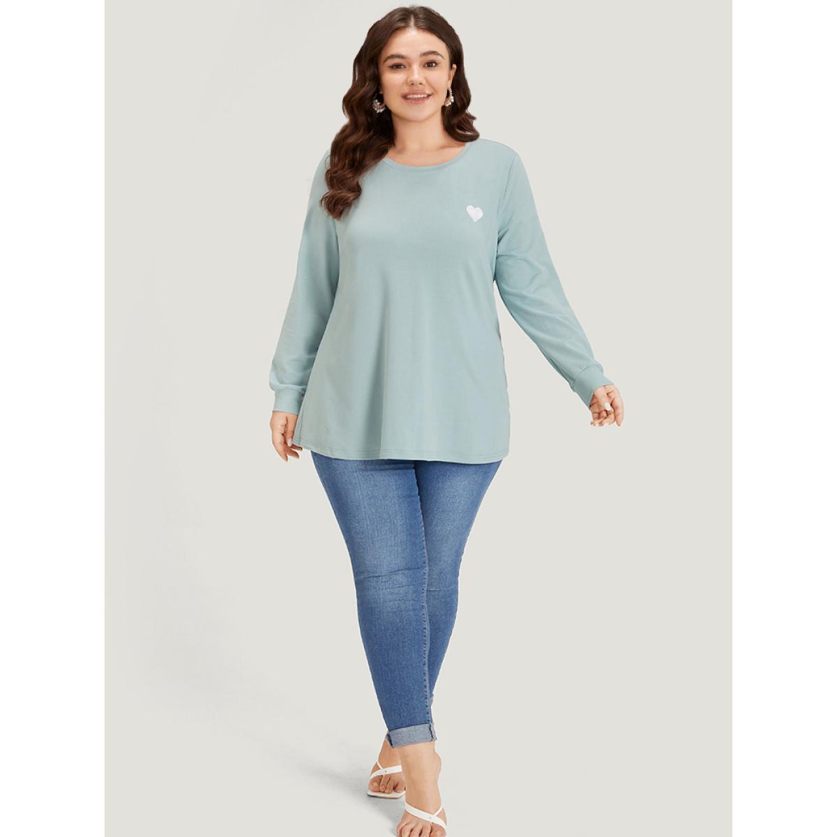 Plus Size Plain Heart Embroidered Crew Neck Sweatshirt Women Green Elegant Elastic cuffs Round Neck Dailywear Sweatshirts BloomChic 10/M Product Image