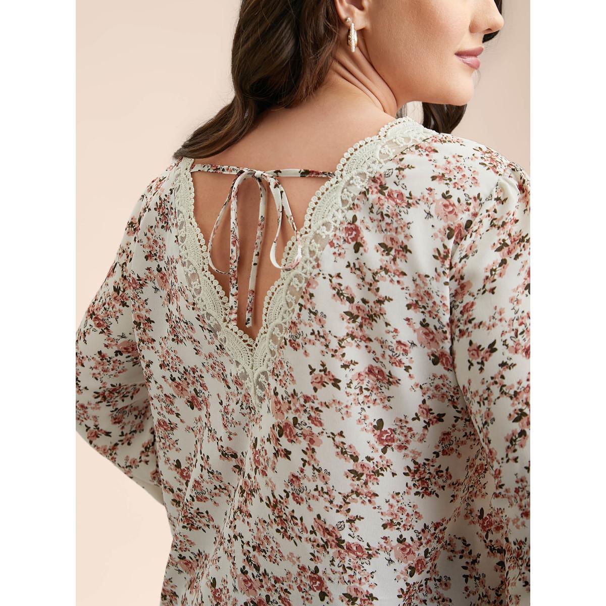 Plus Size Beige Back Lace Trim Ditsy Floral Print Blouse Women Elegant Long Sleeve Round Neck Everyday Blouses BloomChic 26/4X Product Image