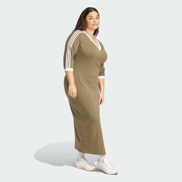 adidas Adicolor Classics 3-Stripes V-Neck Maxi Dress (Plus Size) Olive Strata 4X Womens Product Image