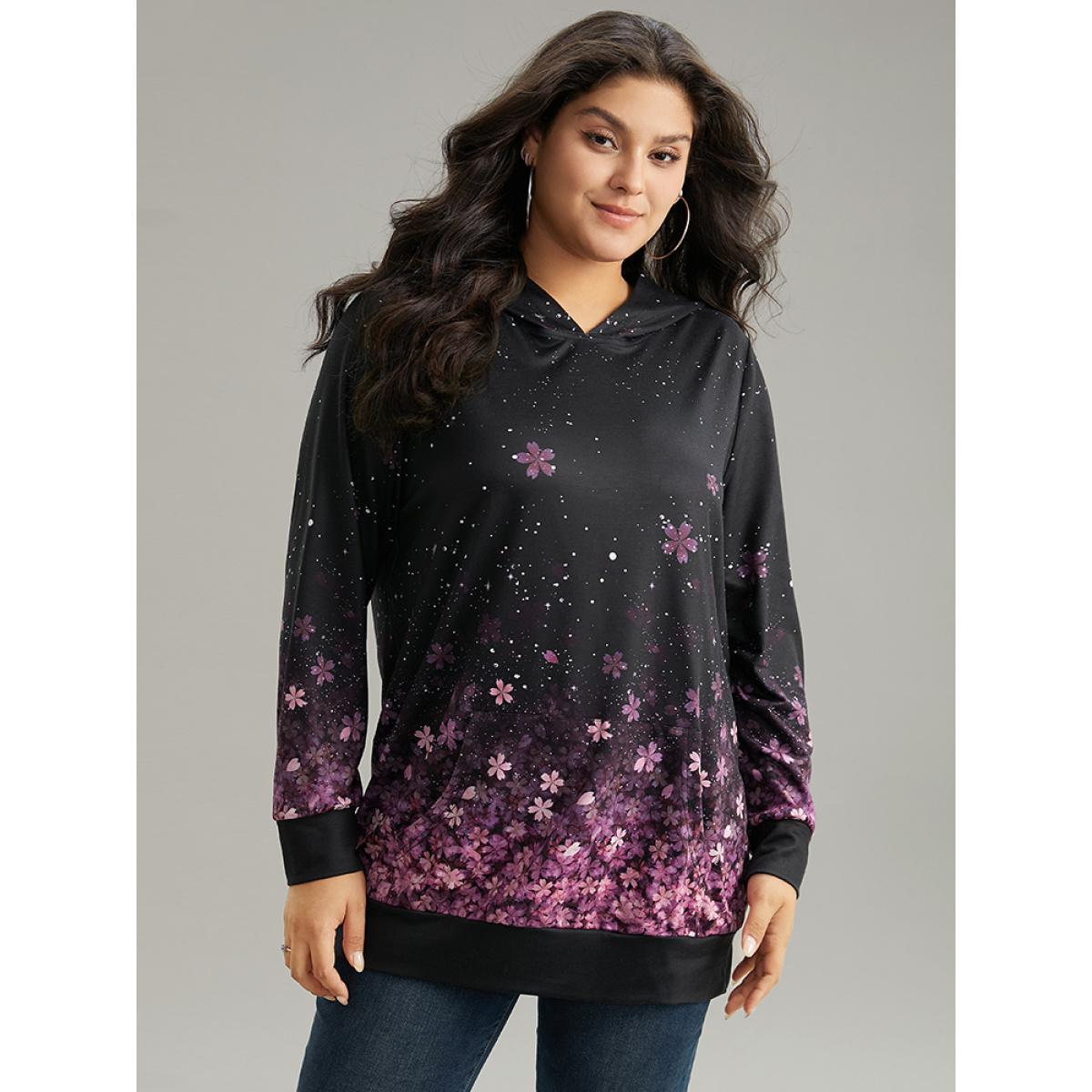 Plus Size Floral Hooded Kangaroo Pocket Sweatshirt Women Black Casual Printed Hooded Dailywear Sweatshirts BloomChic 14-16/1X Product Image