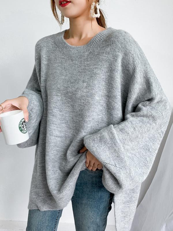Stretch Mohair-Blend Balloon Sleeves Loose Solid Round-Neck Sweater Tops Product Image
