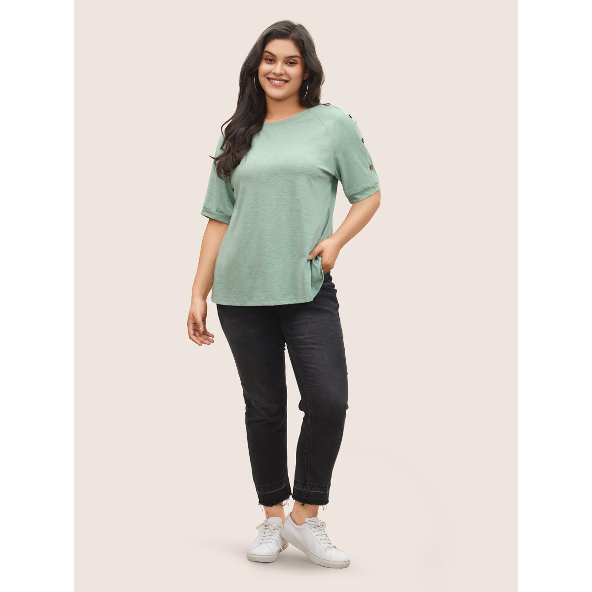 Plus Size Plain Button Detail Raglan Sleeve T-shirt Mint Women Casual Non Plain Non Everyday T-shirts BloomChic 22-24/3X Product Image