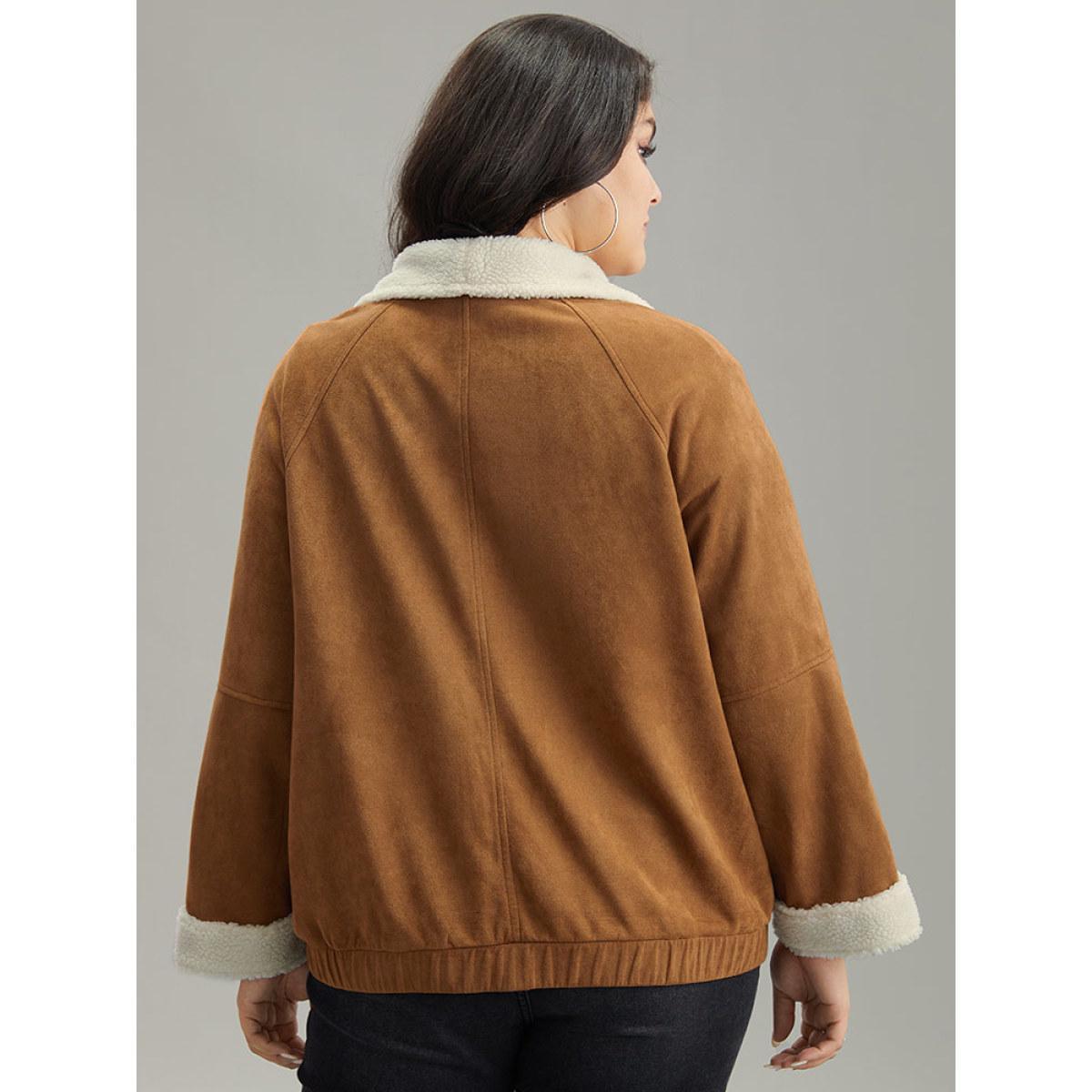 Plus Size Contrast Lapel Collar Patched Pocket Jacket Women Bronze Contrast Pocket Dailywear Jackets BloomChic 12/L Product Image
